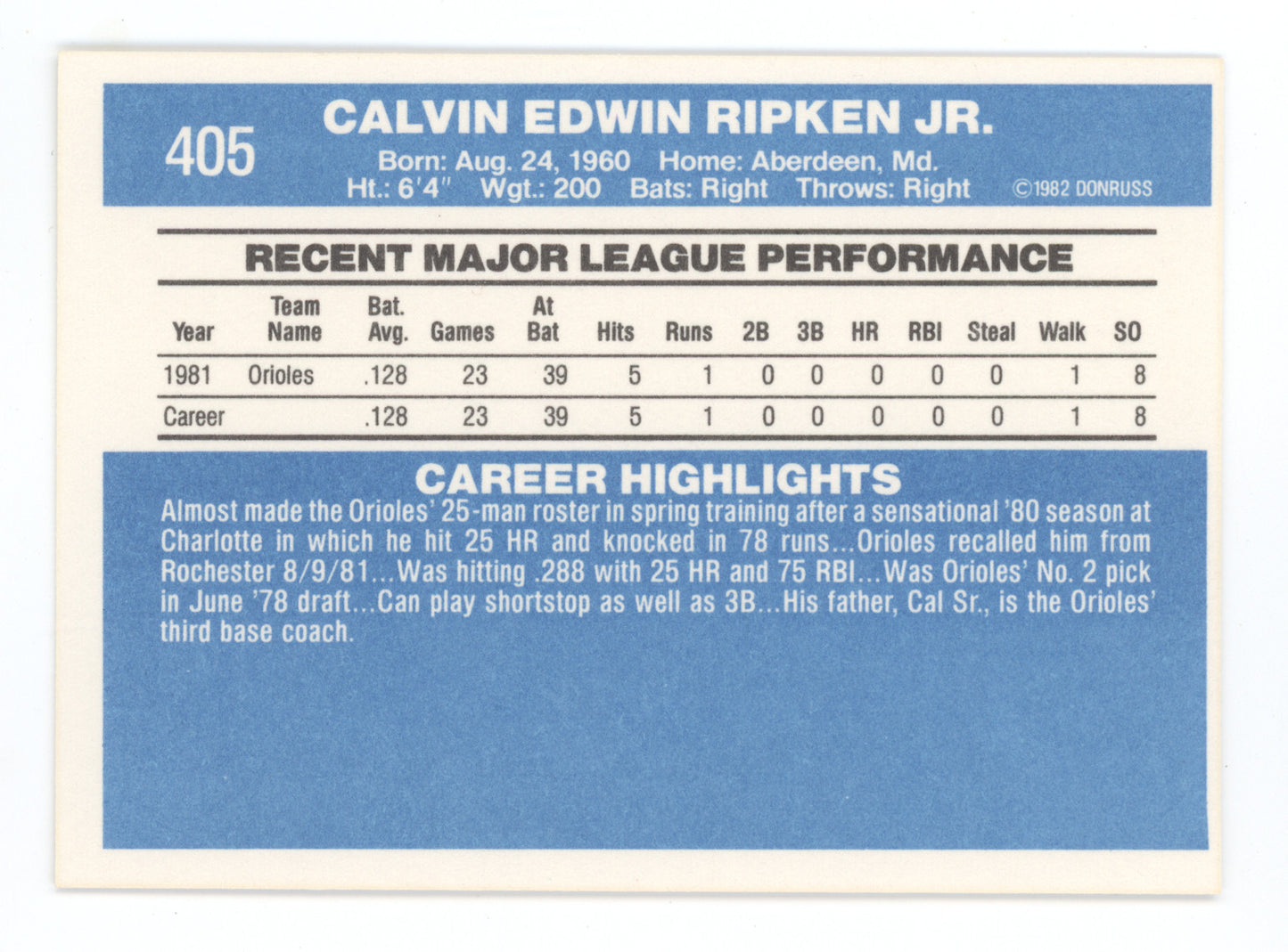 1982 Donruss Cal Ripken Jr. #405 RC