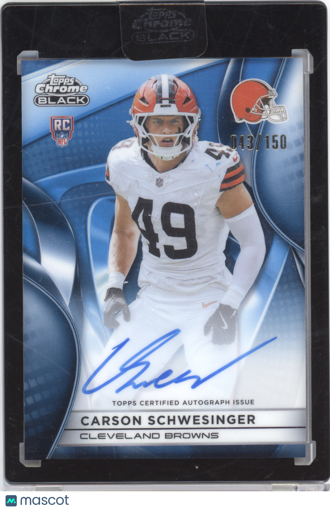 2025 Topps Chrome Black Rookie Autograph Carson Schwesinger #CS Blue RC 043/150