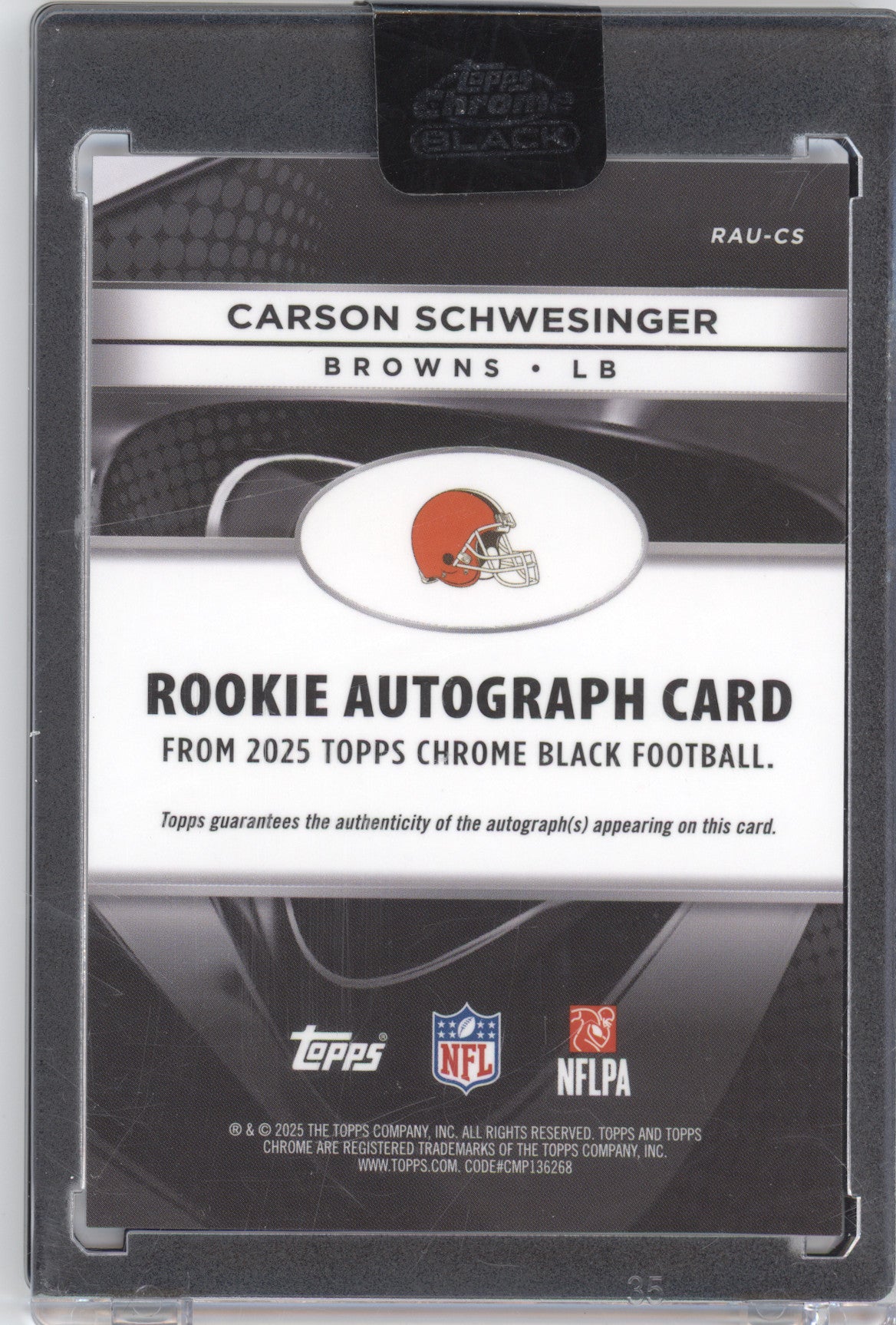 2025 Topps Chrome Black Rookie Autograph Carson Schwesinger #CS Blue RC 043/150