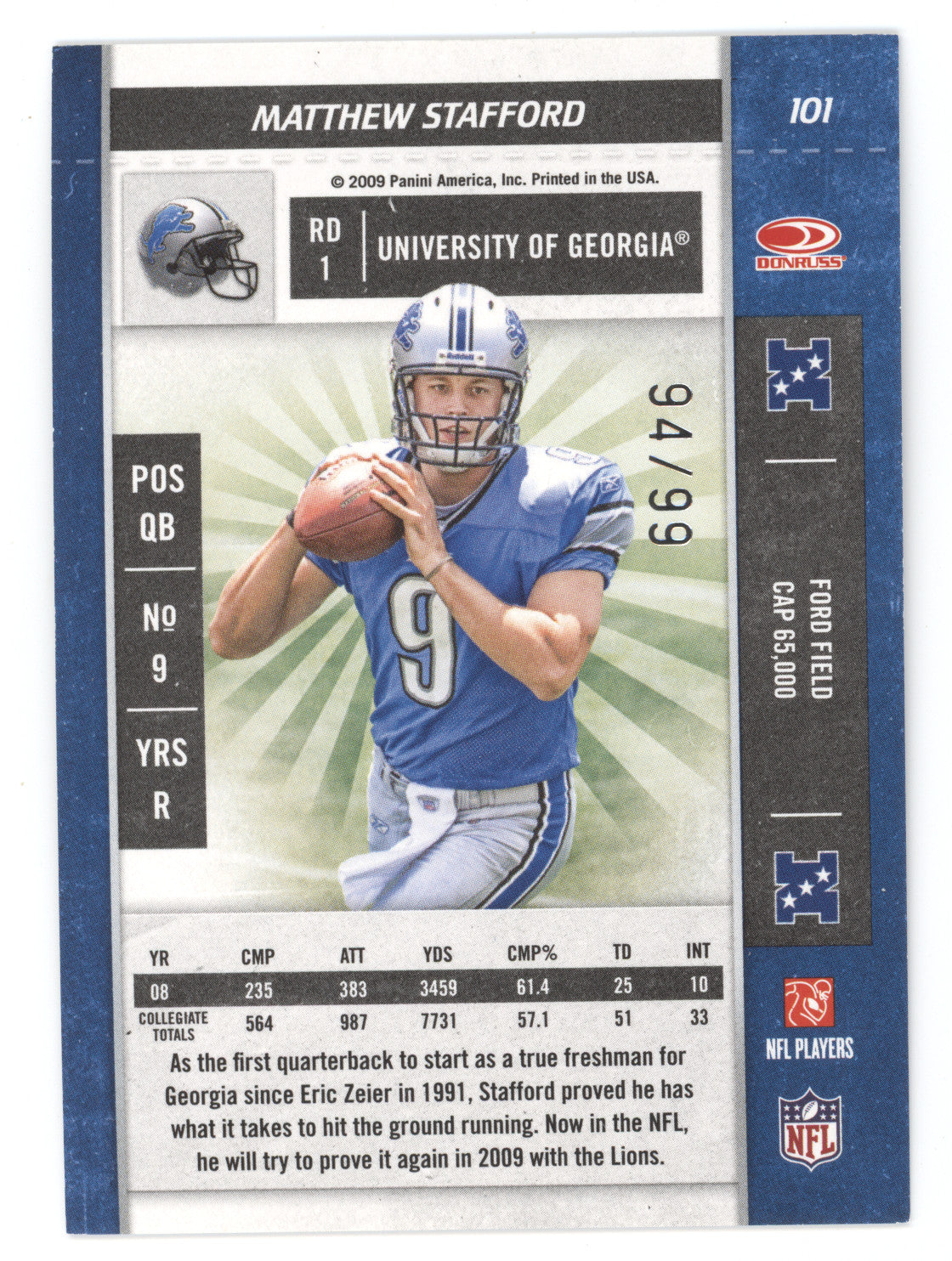 2009 Panini Playoff Contenders Matthew Stafford #101 Rookie 94/99