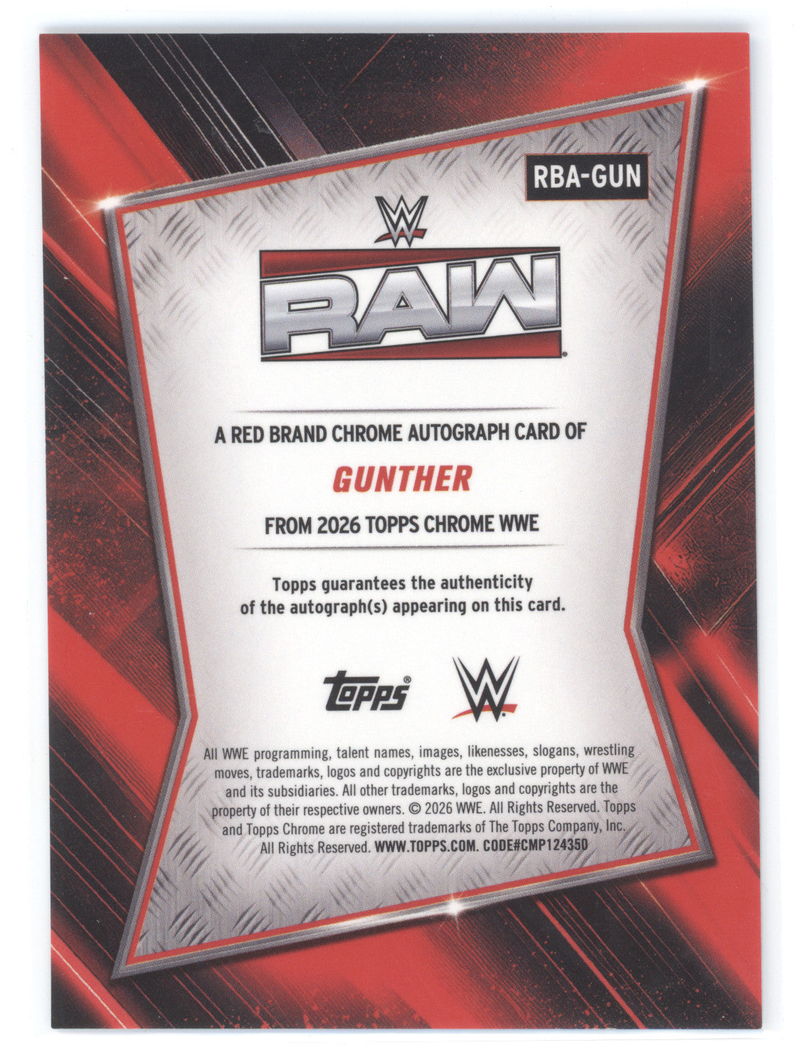 2026 Topps Chrome WWE Autograph Gunther #RBA-GUN Blue Refractor 052/150