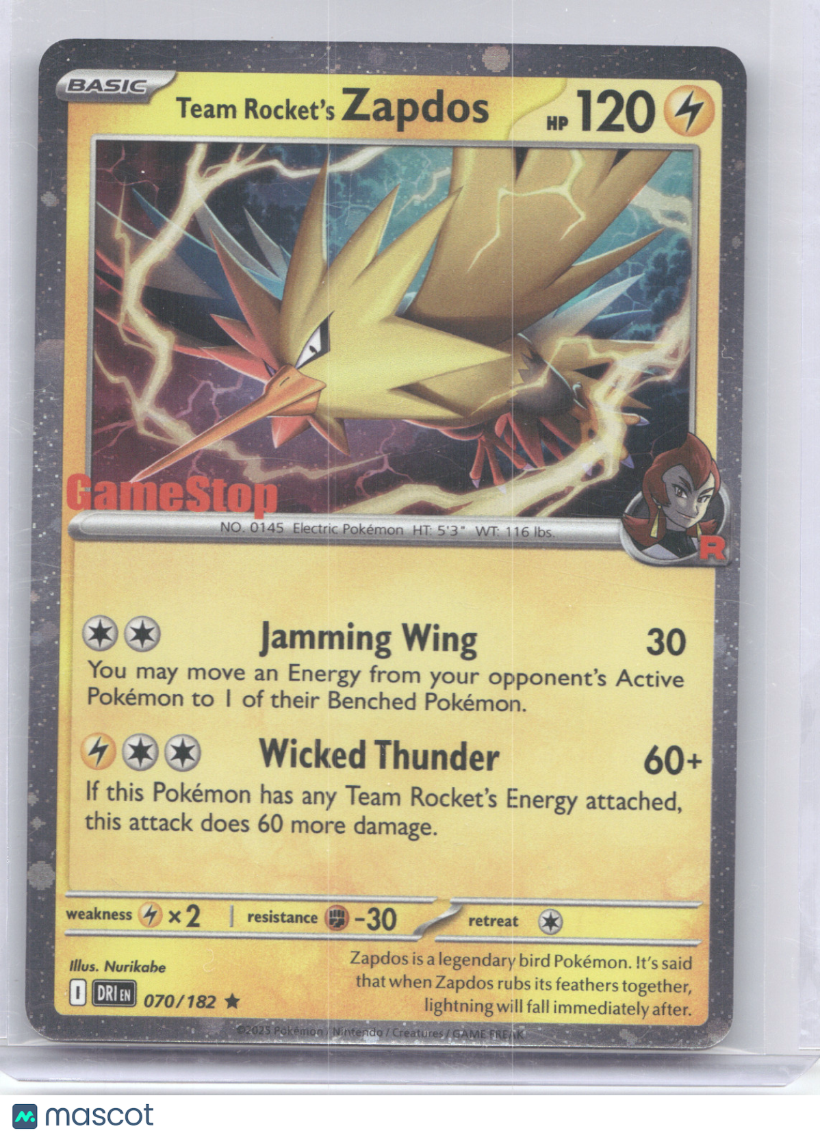 2025 Destined Rivals Team Rocket's Zapdos (GameStop) Holo Rare #070/182