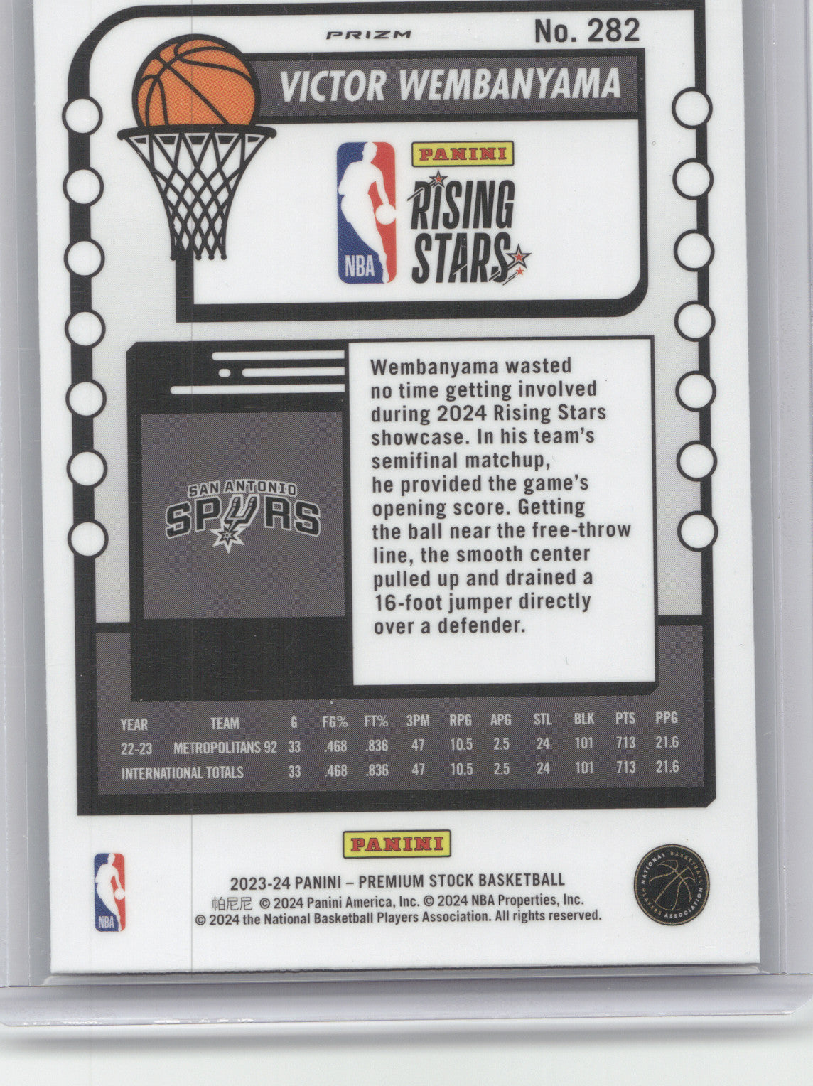 2023 Panini NBA Hoops Premium Stock Rising Stars Victor Wembanyama #282 Silver