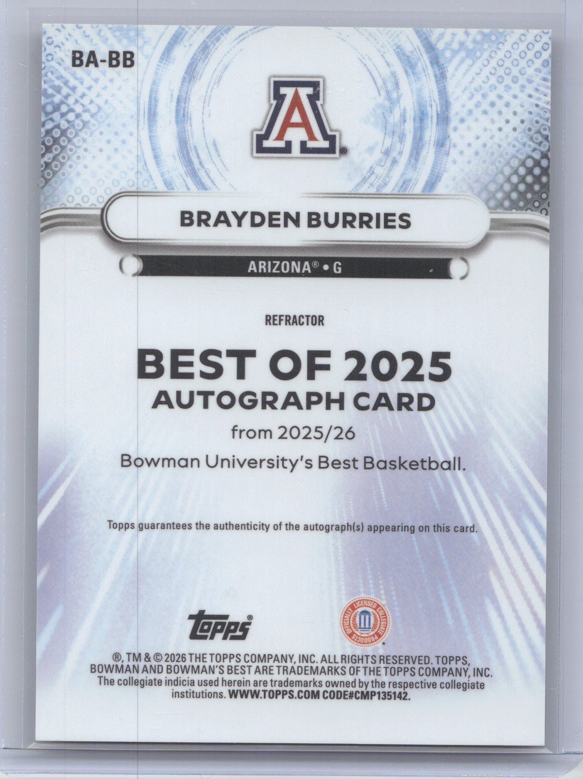2025 Bowman University Best Basketball Brayden Burries #BA-BB Refractor