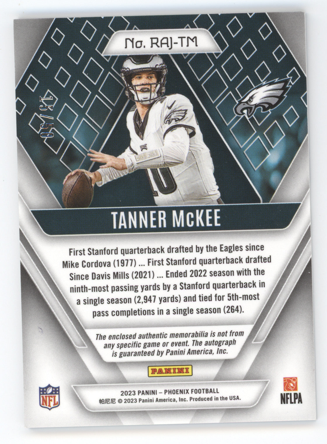 2023 Panini Phoenix Rookie Jersey Autograph Tanner McKee #RAJ-TM Blue 15/50 RC