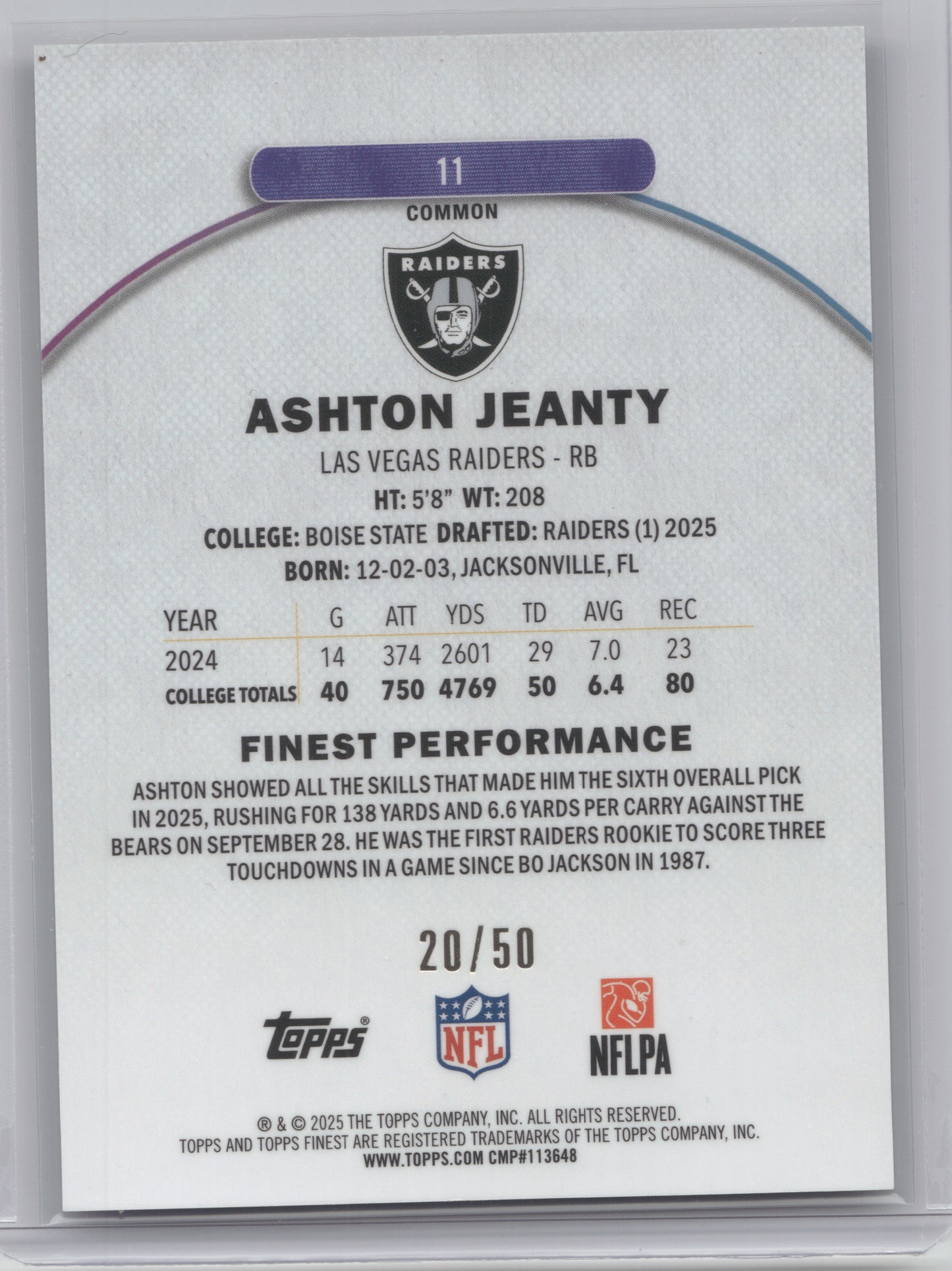 2025 Topps Finest Ashton Jeanty #11 Gold Refractor RC 20/50