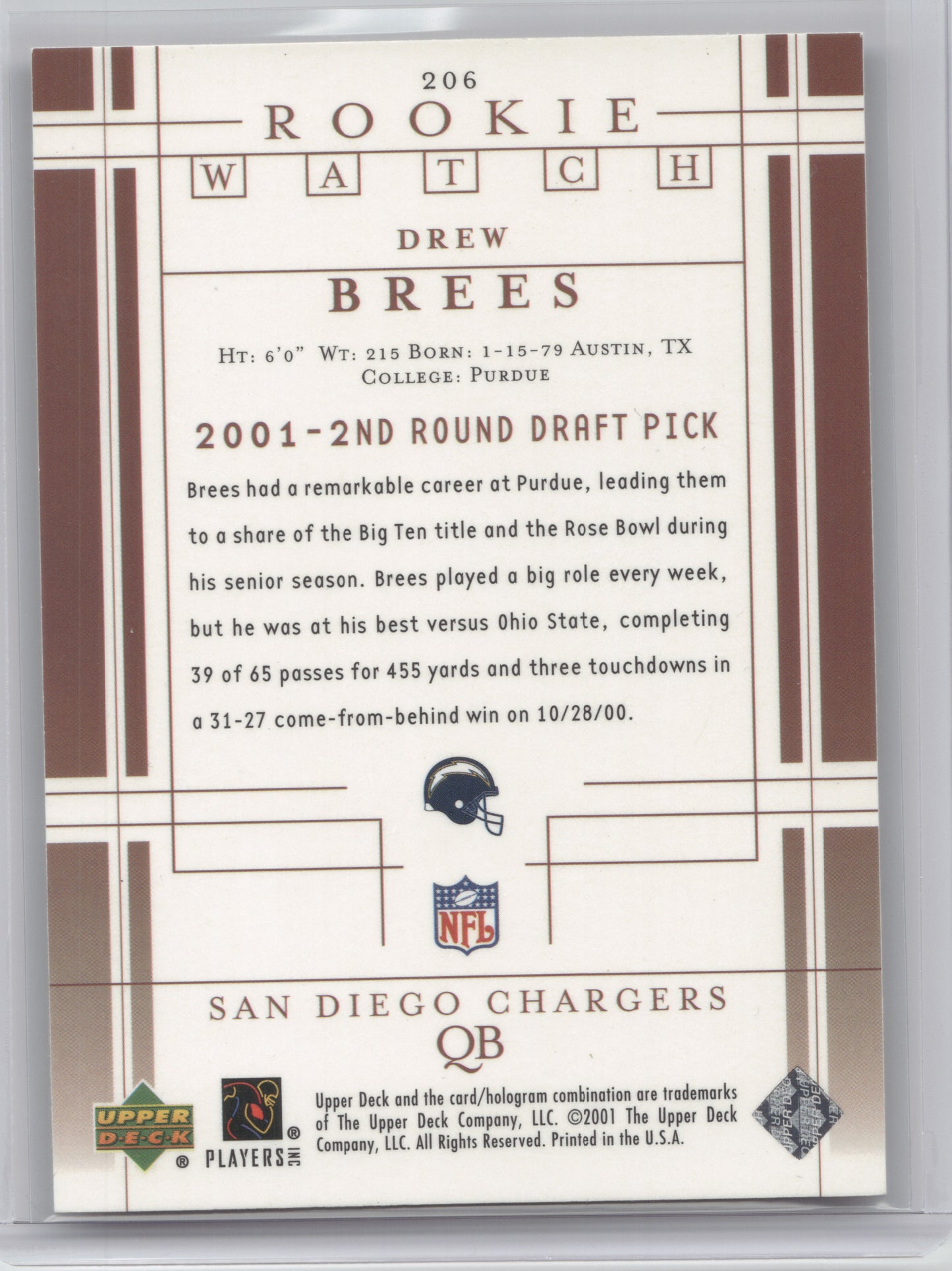 2001 Upper Deck Rookie Watch Drew Brees #206