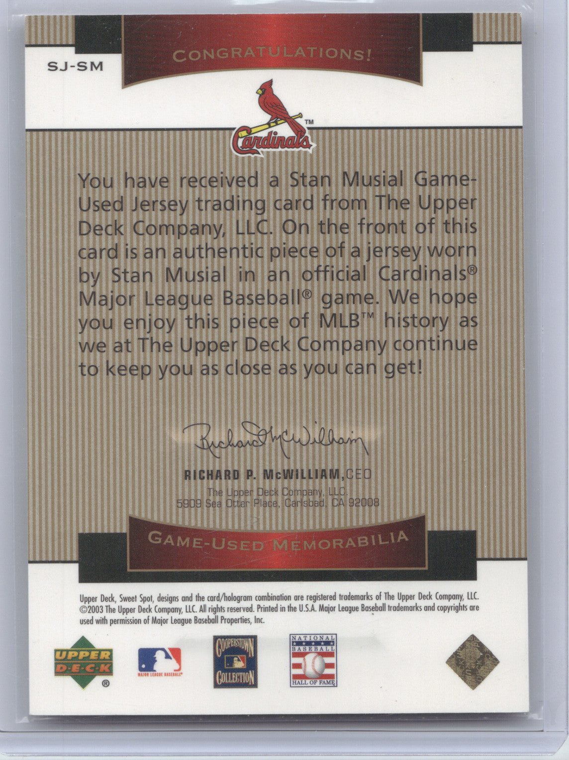 2003 Upper Deck Sweet Spot Classic Stan Musial #SJ-SM Game-Used Jersey