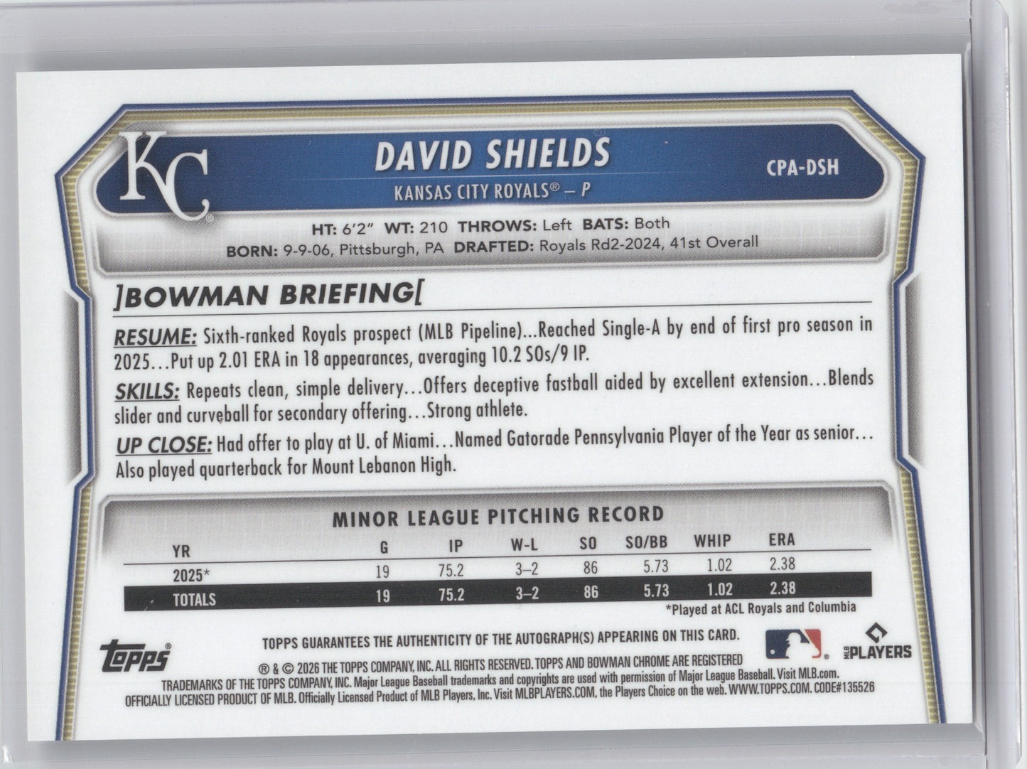 2026 Bowman Chrome Prospect Autograph David Shields #CPA-DSH 1st Bowman