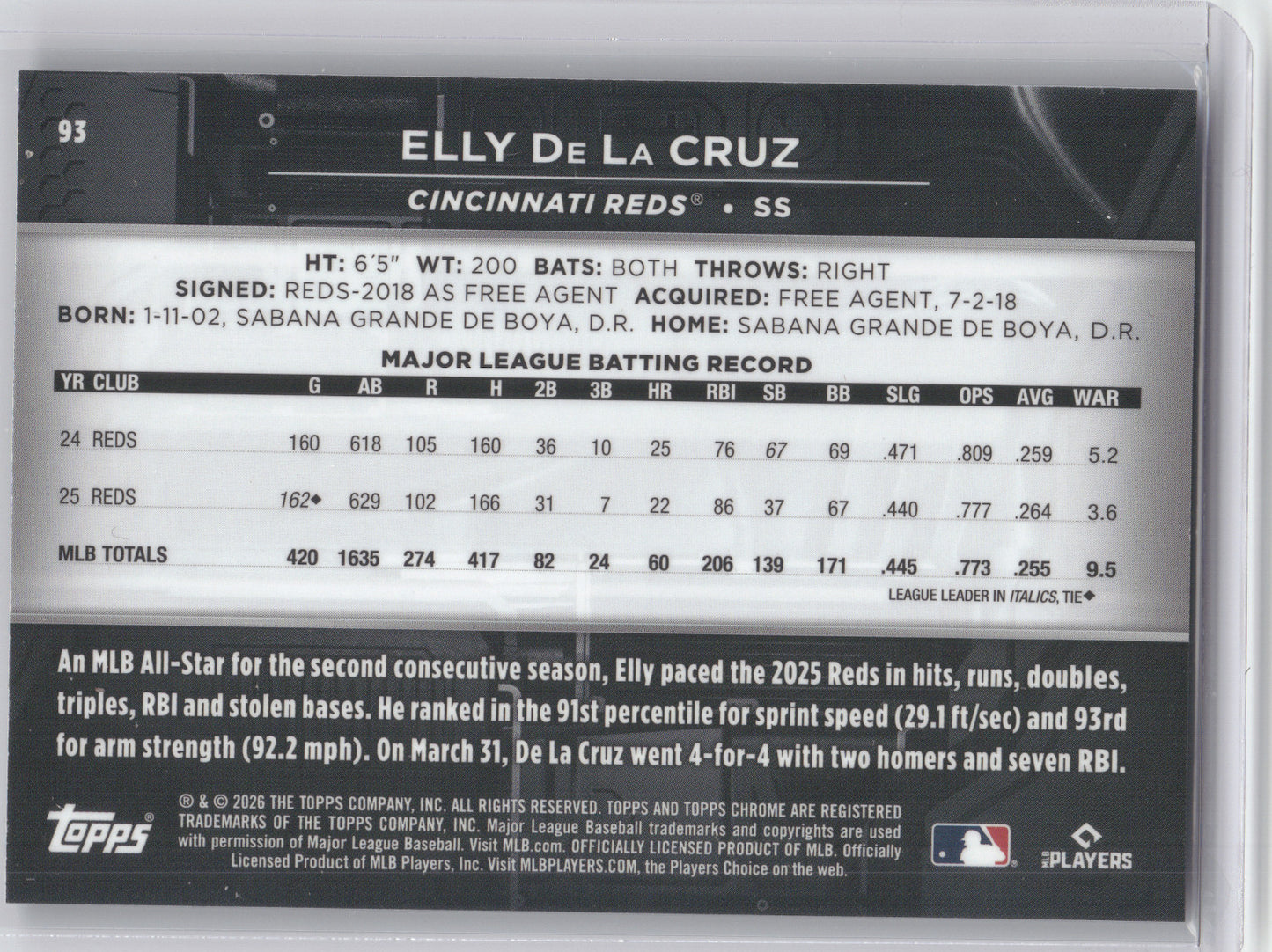 2026 Topps Chrome Black Elly De La Cruz #93 Purple 46/75