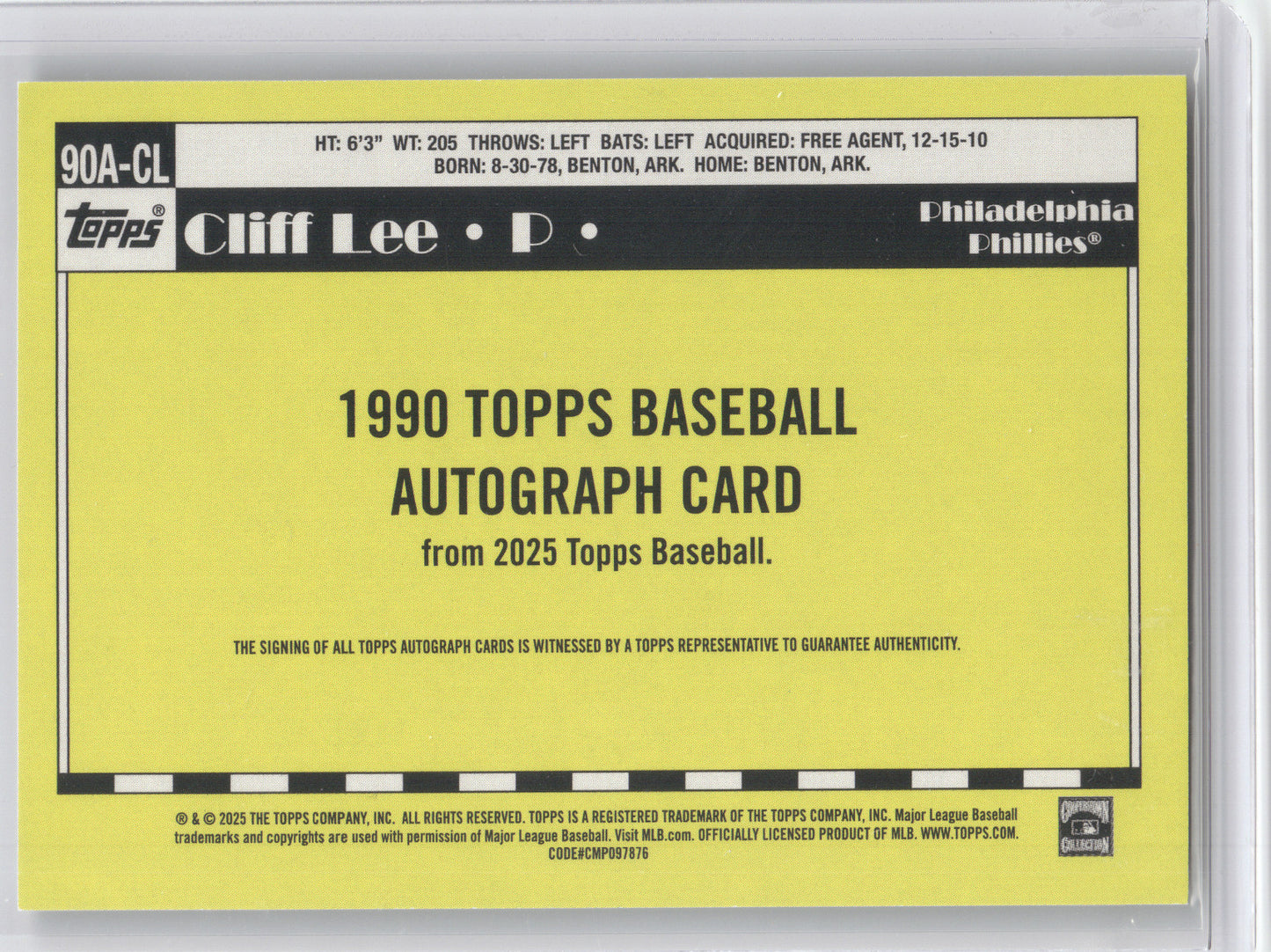 2025 Topps 1990 Topps Baseball Autograph Card Cliff Lee #90A-CL