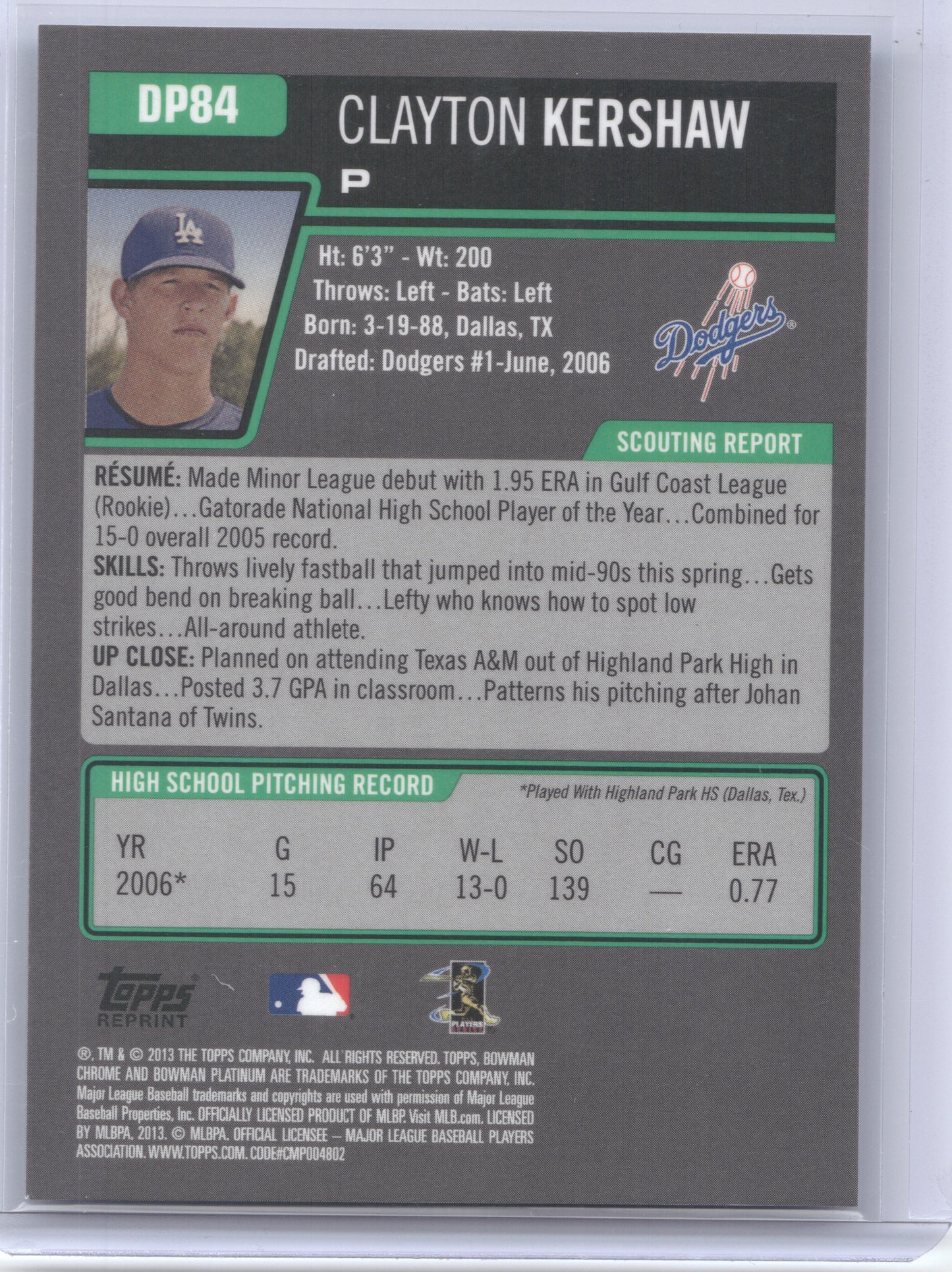 2013 Bowman Chrome Clayton Kershaw #DP84 Reprint