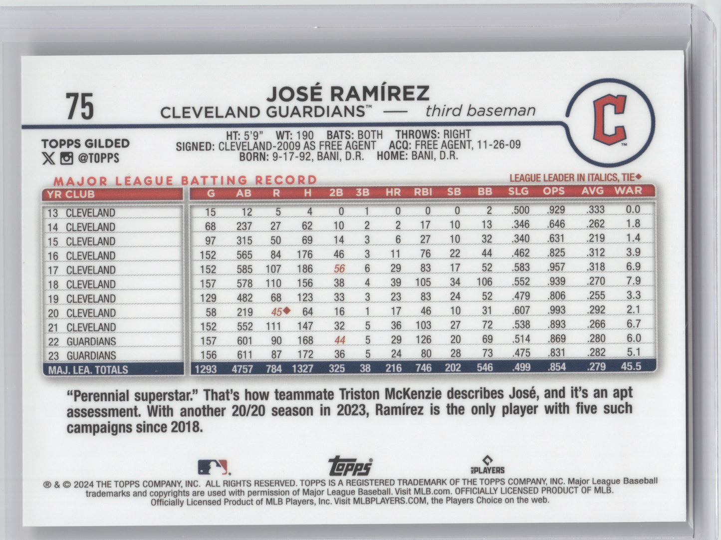 2024 Topps Gilded Collection Chrome José Ramírez #75 Gold RayWave 13/75