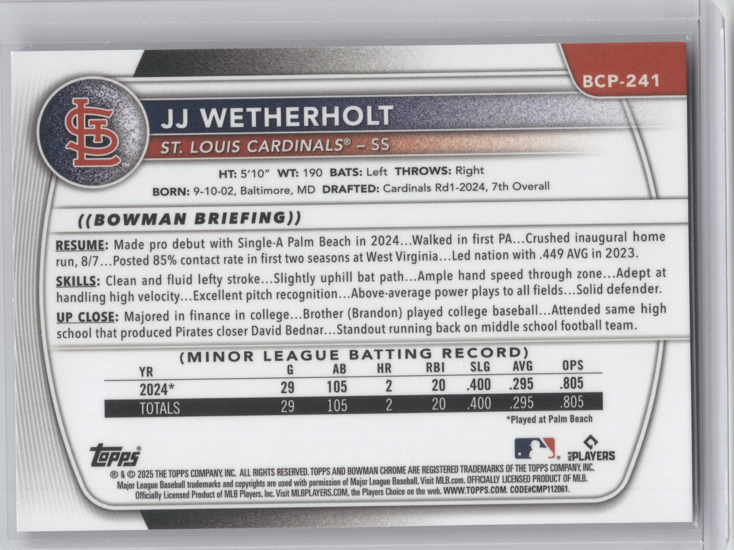 2025 Bowman Chrome Prospect JJ Wetherholt #BCP-241 Blue Wave 060/150