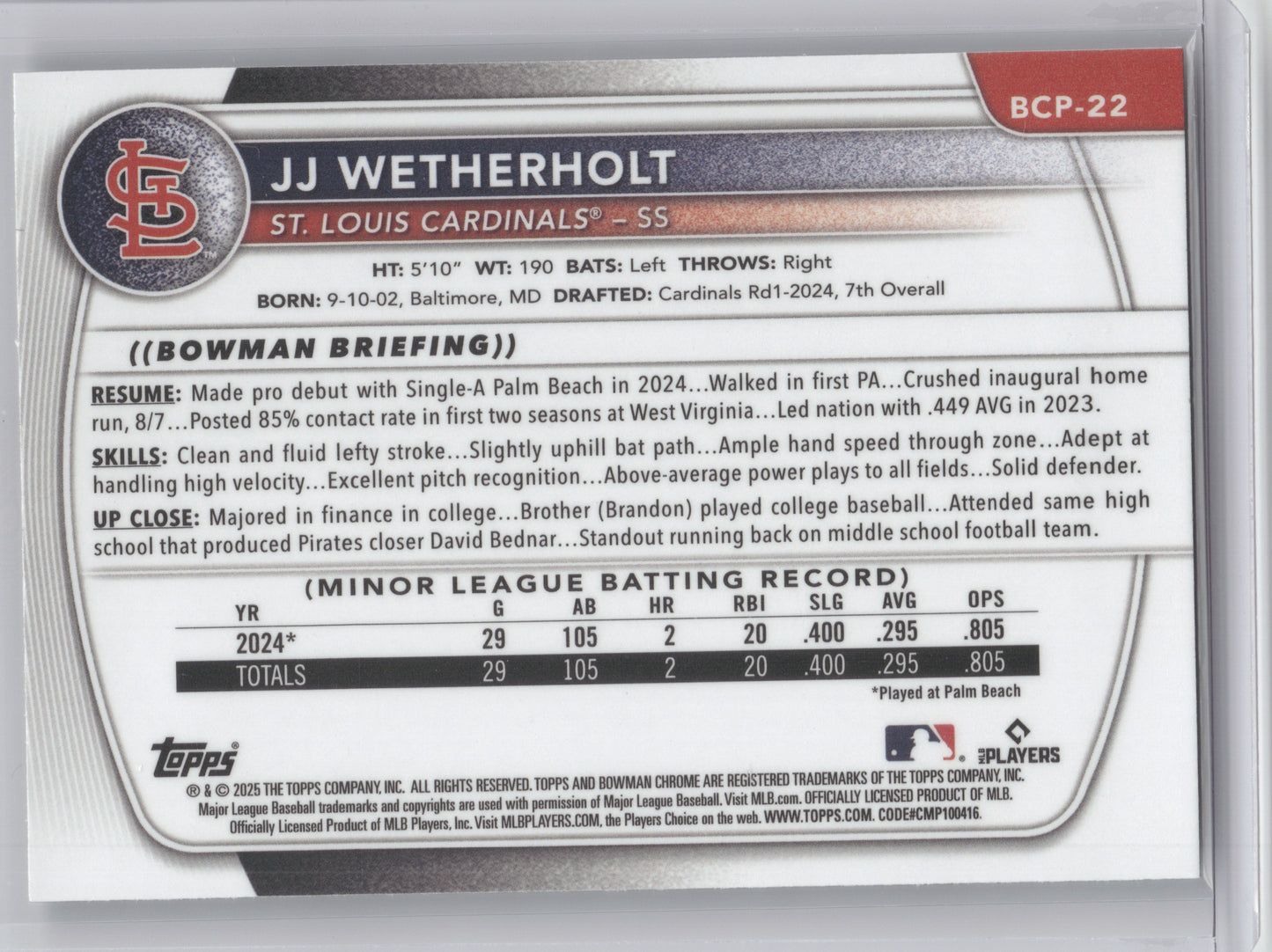 2025 Bowman Chrome Prospect JJ Wetherholt #BCP-22 X-Fractor