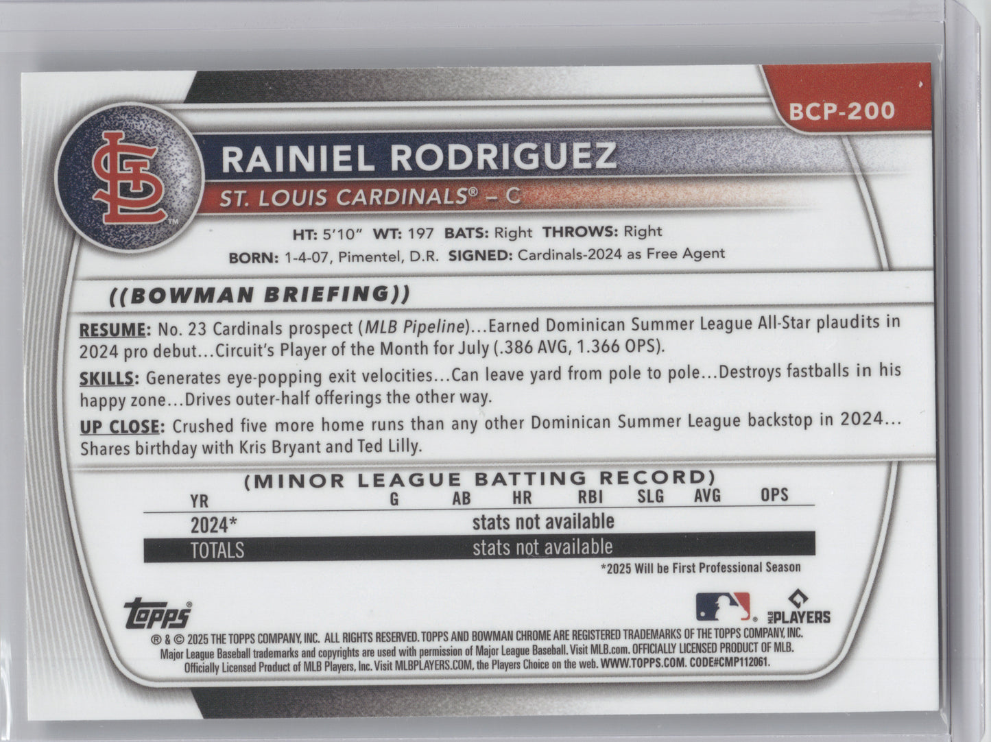 2025 Bowman Chrome Prospect Rainiel Rodriguez #BCP-200 Speckle Refractor 243/299