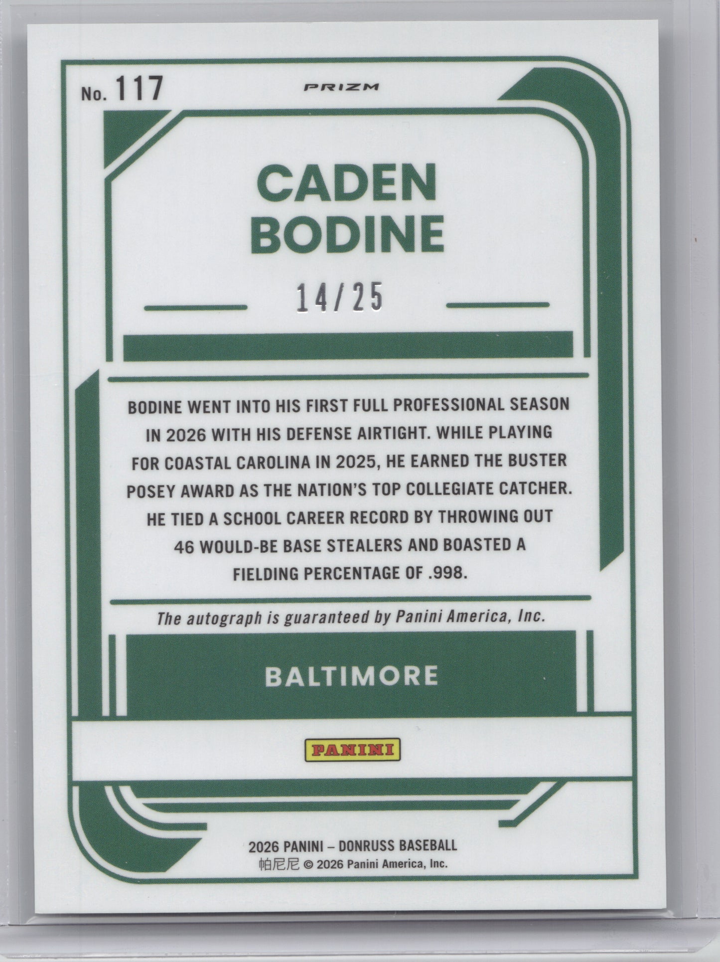 2026 Donruss Optic Rated Prospect Caden Bodine #117 Pandora Signature 14/25