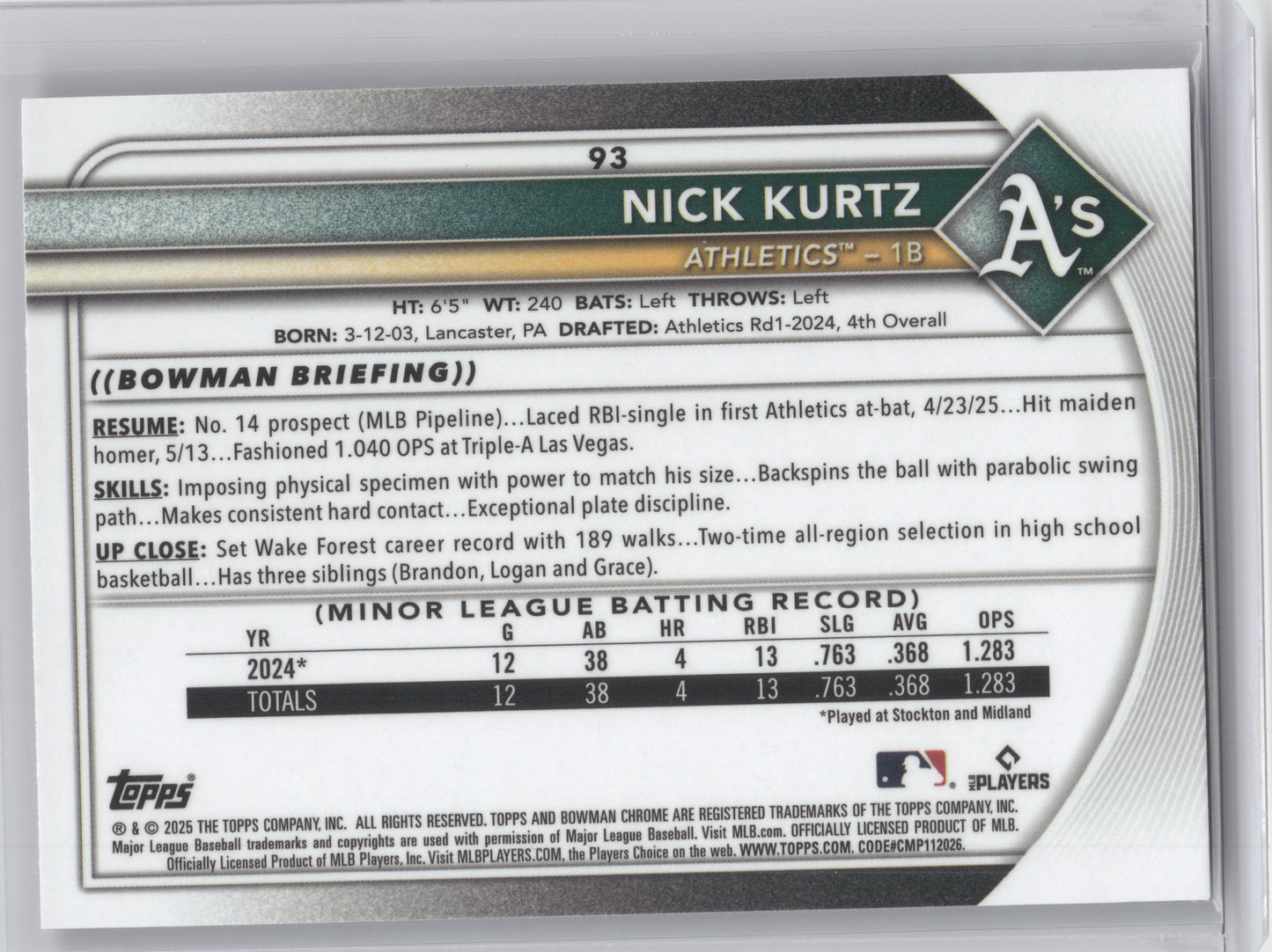 2025 Bowman Chrome Nick Kurtz #93 Purple Geometric 033/250
