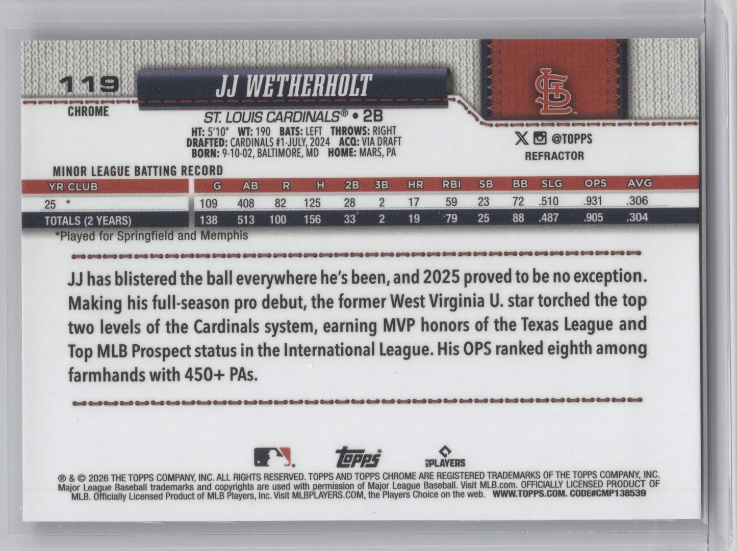 2026 Topps Chrome JJ Wetherholt #119 Refractor RC