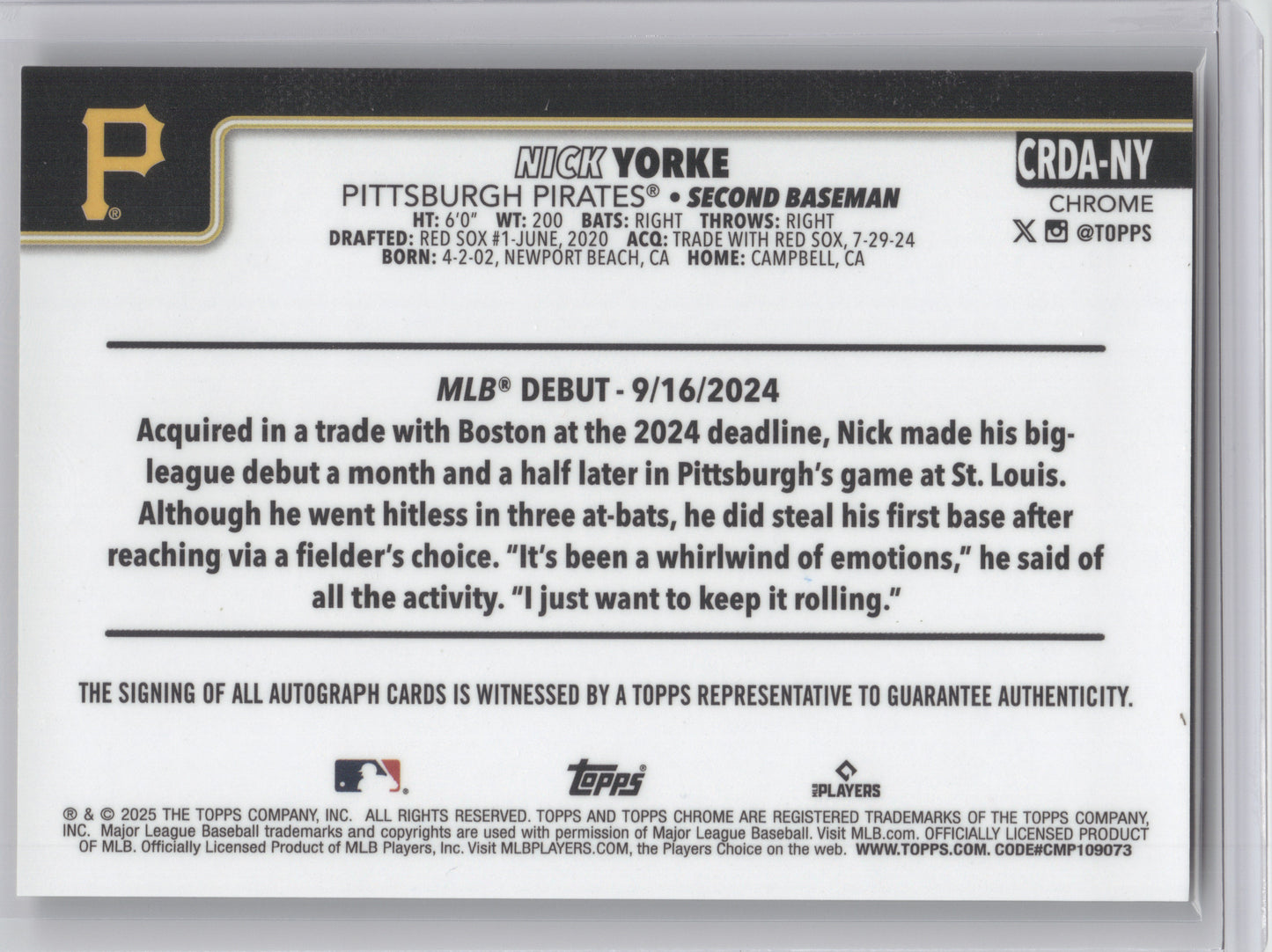 2025 Topps Chrome Update Rookie Autograph Nick Yorke #CRDA-NY Gold Wave RC
