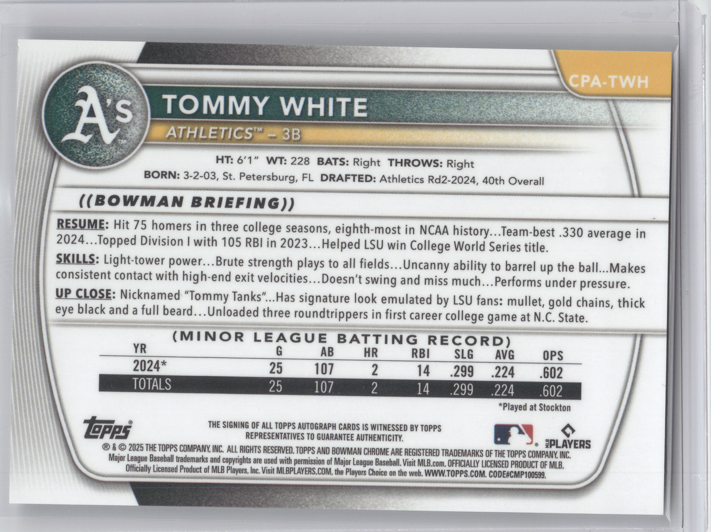 2025 Bowman Chrome Prospect Autograph Tommy White #CPA-TWH 1st Bowman