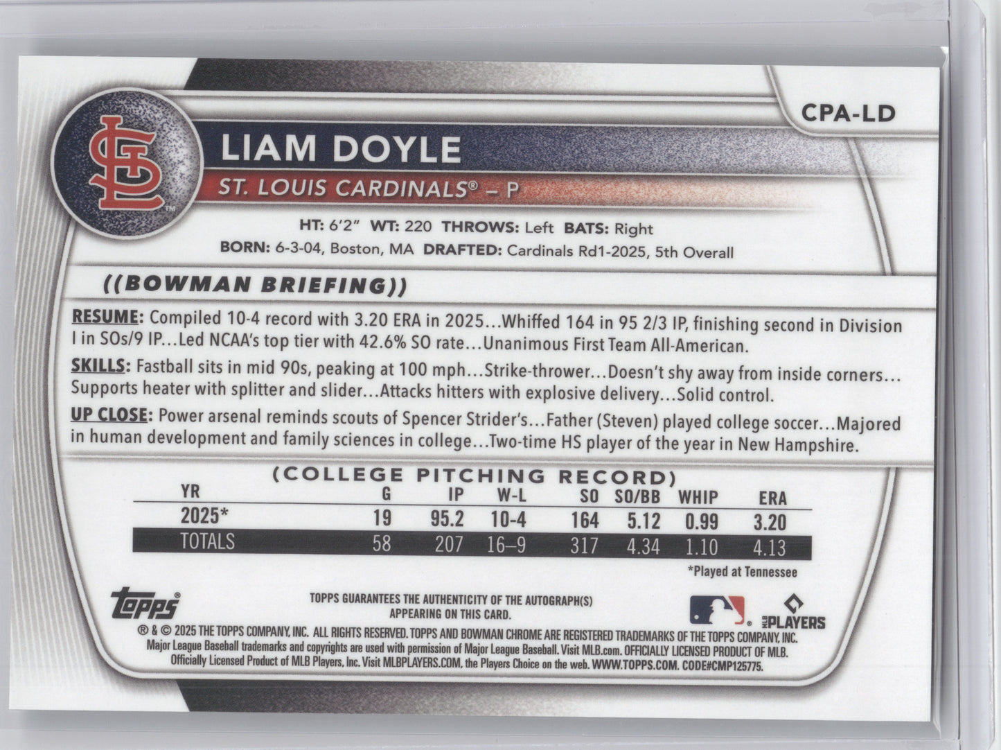 2025 Bowman Chrome Prospect Autograph Liam Doyle #CPA-LD 1st Bowman