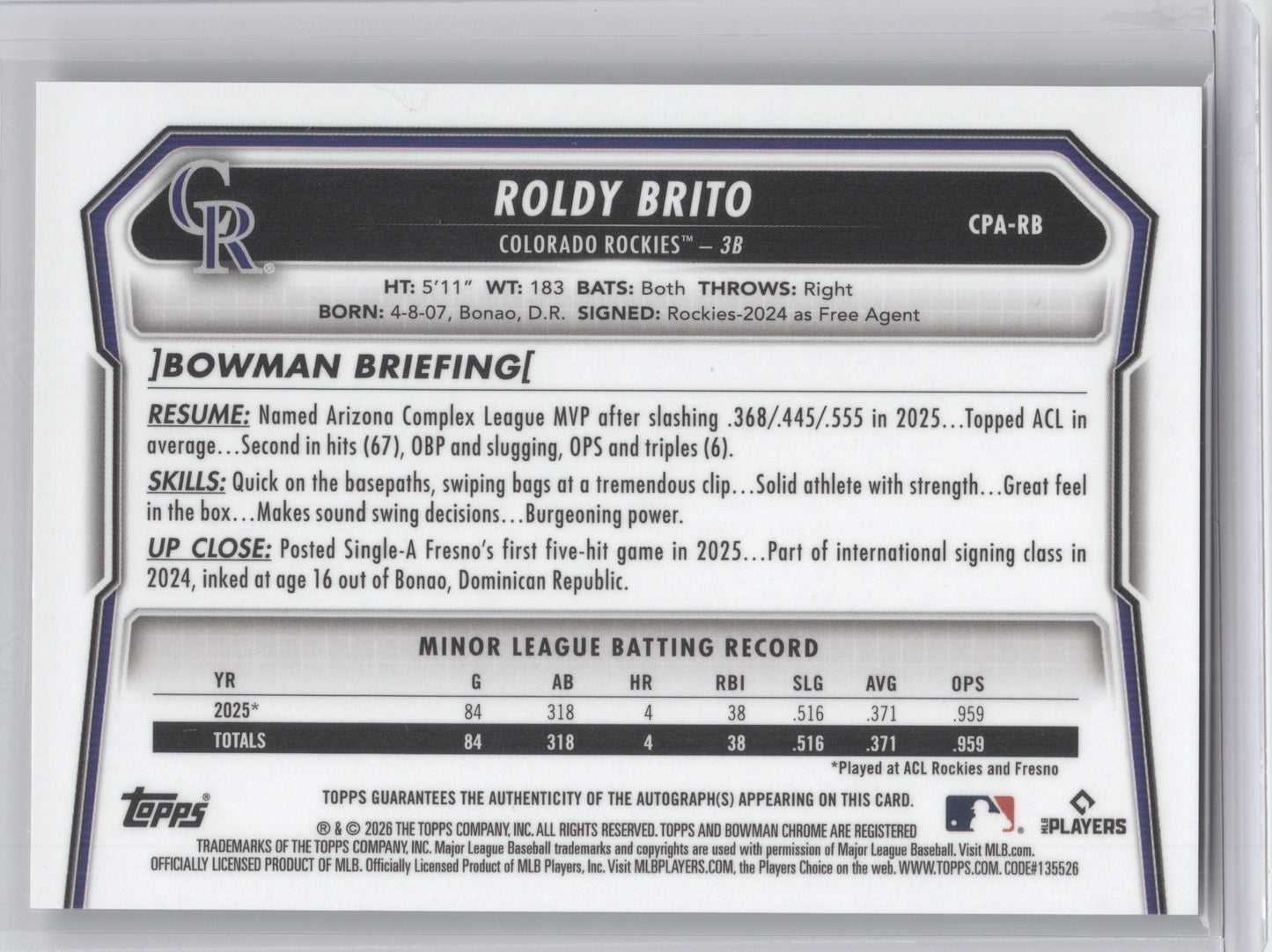 2026 Bowman Chrome Prospect Autograph Roldy Brito #CPA-RB 1st Bowman