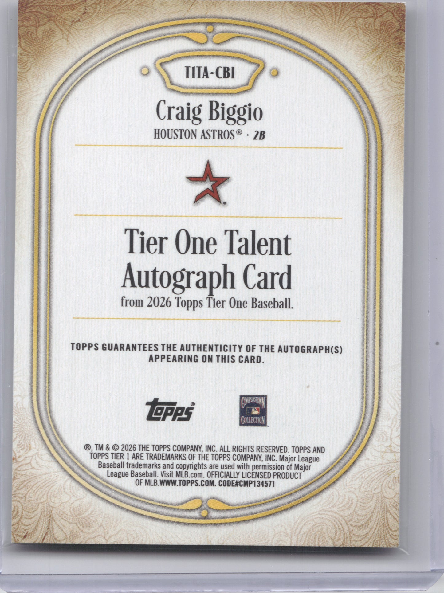 2026 Topps Tier One Autograph Craig Biggio #TITA-CBI Blue 08/49