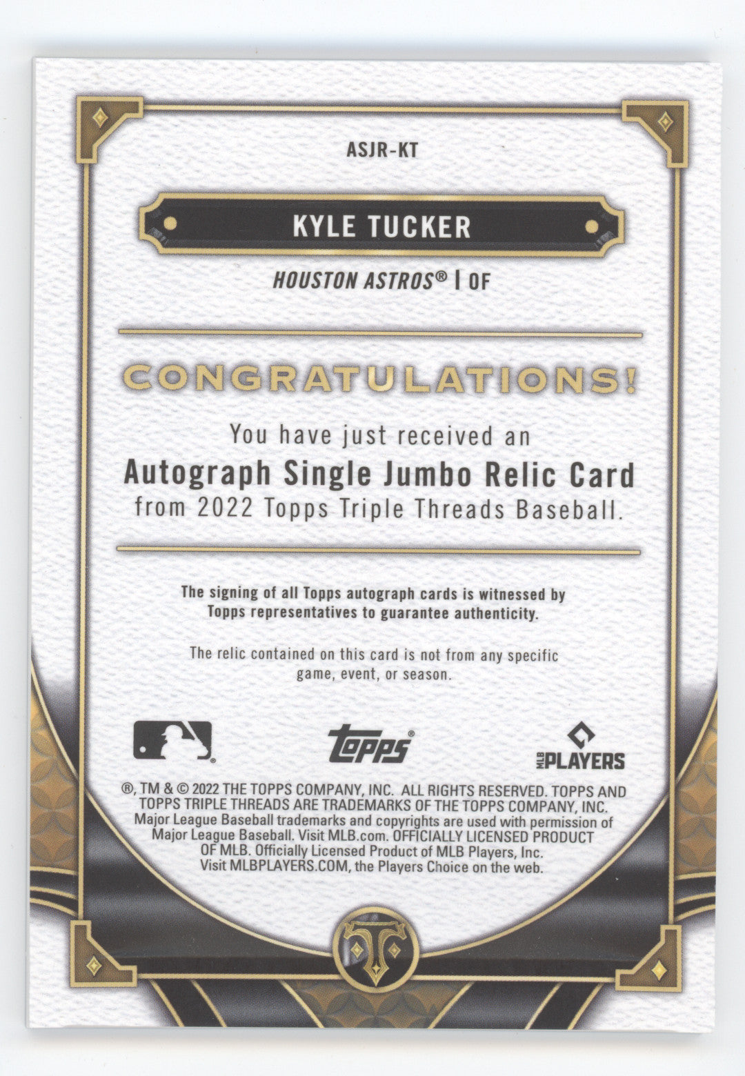 2022 Topps Triple Threads Kyle Tucker #ASJRKT Purple 35/75 Autograph Jumbo Relic
