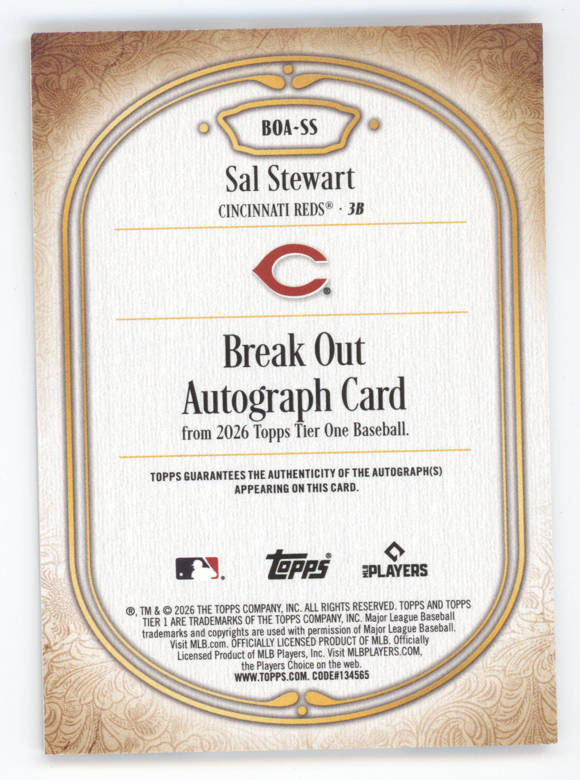 2026 Topps Tier One Break Out Autograph Sal Stewart #BOA-SS Green 08/49