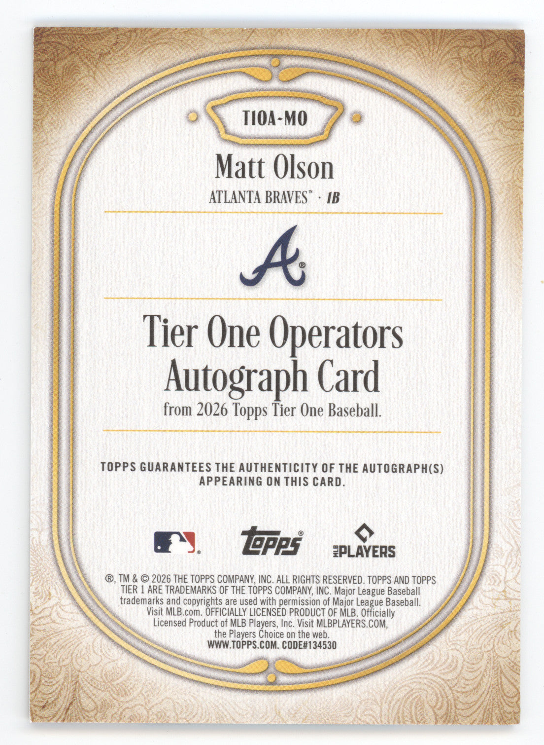 2026 Topps Tier One Operators Autograph Matt Olson #T1OA-MO Blue 20/49