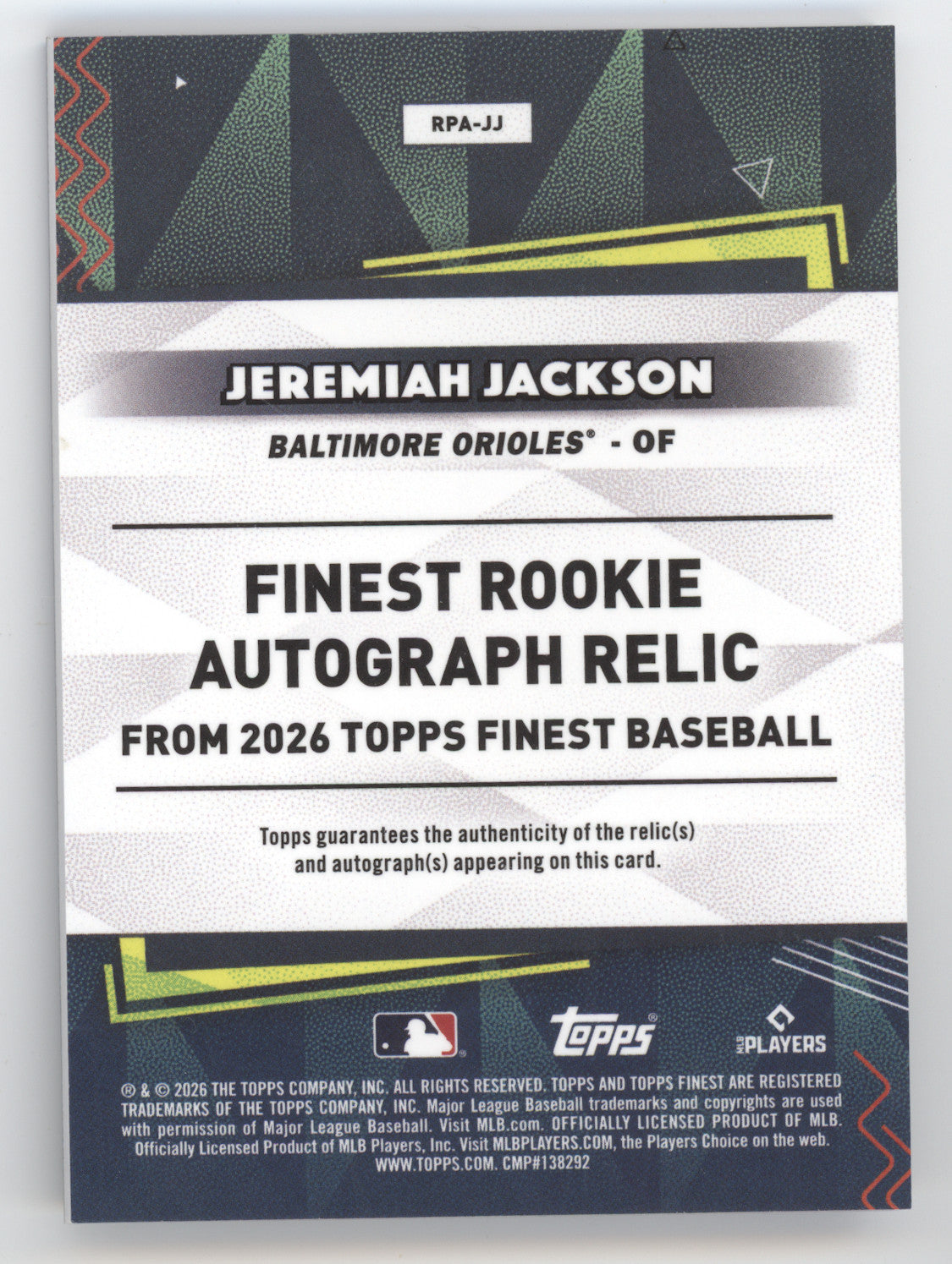 2026 Topps Finest Rookie Patch Autograph Jeremiah Jackson #RPA-JJ Purple 17/75