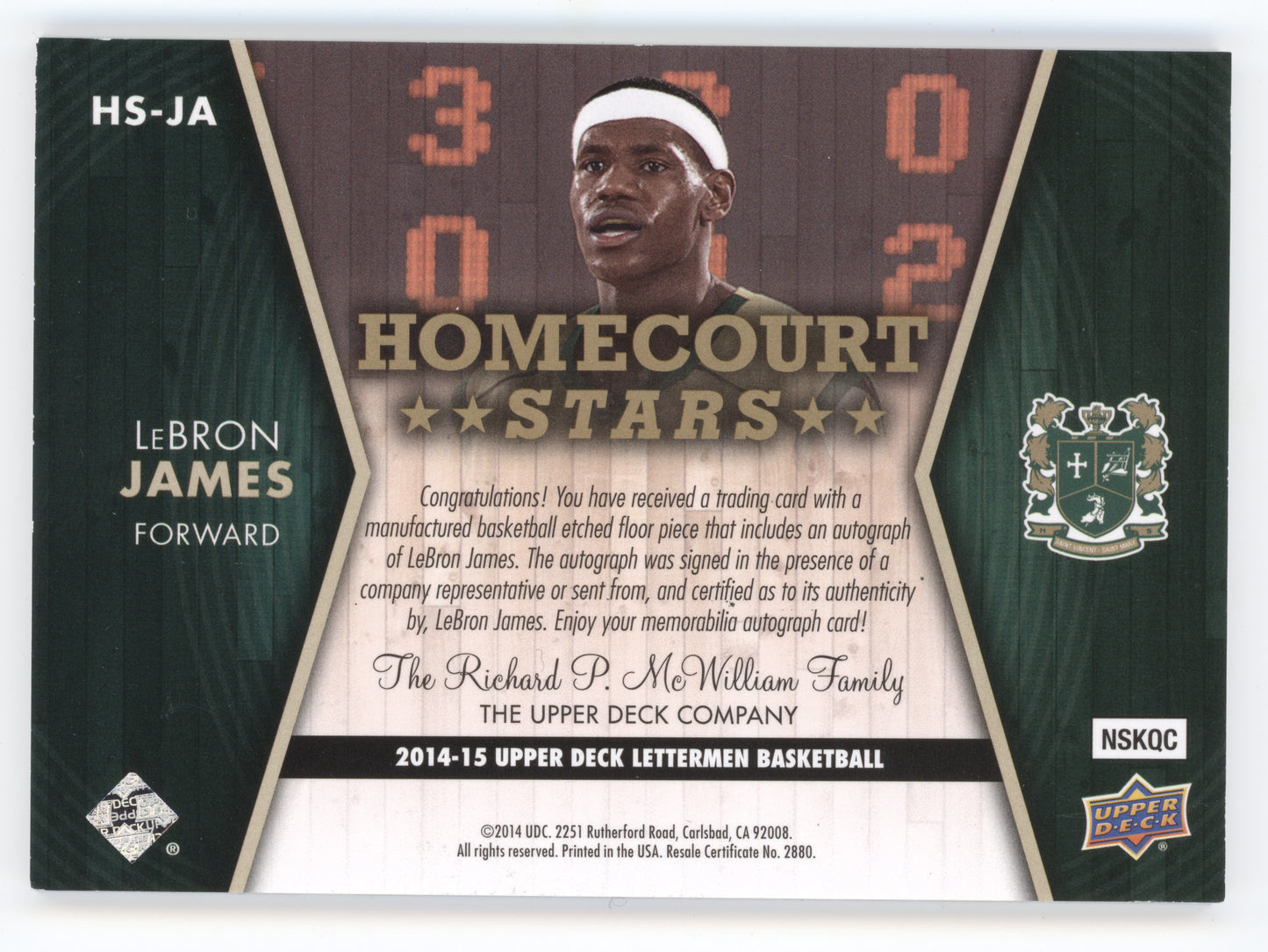 2014 Upper Deck Lettermen Homecourt Stars Autograph LeBron James #HS-JA