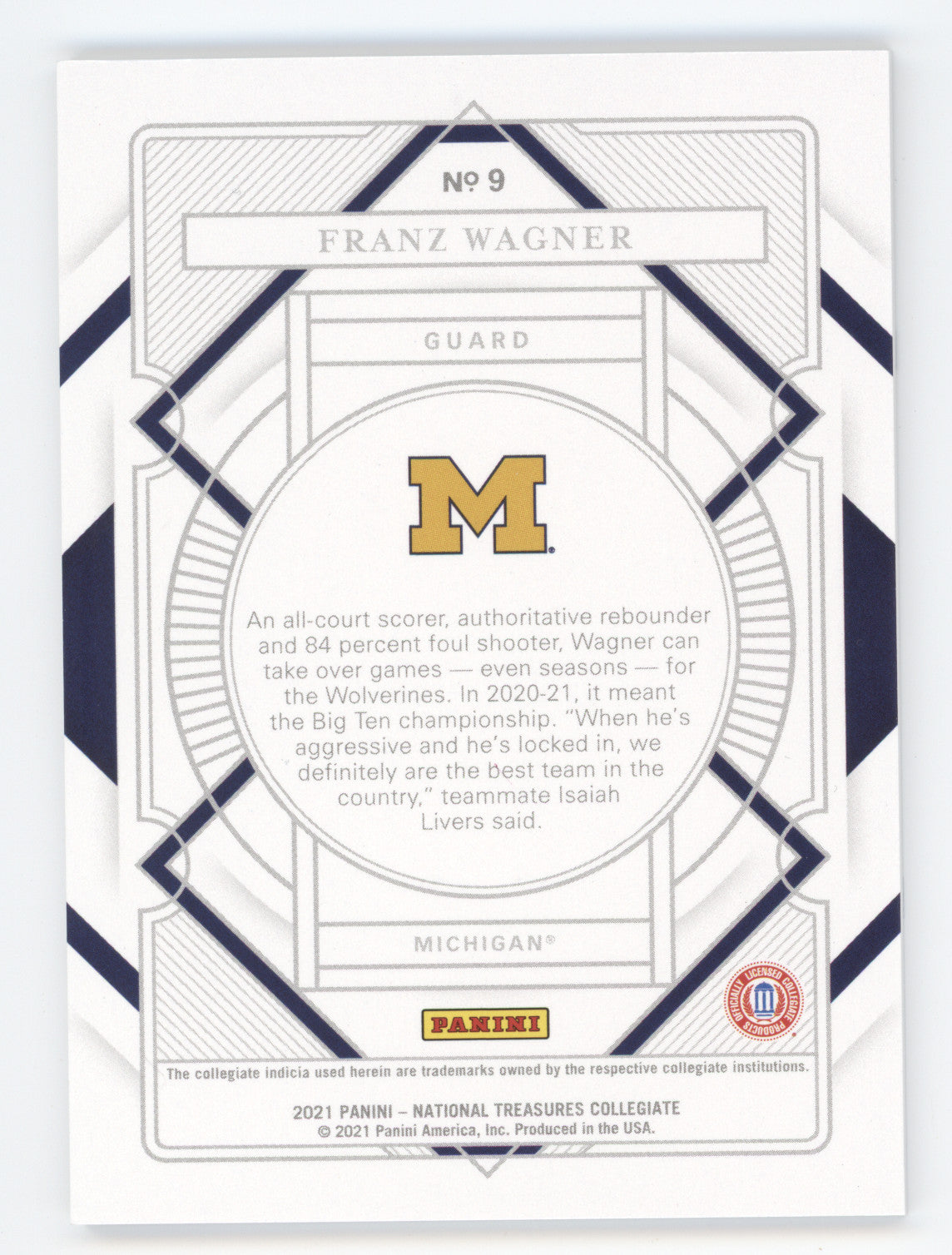 2021 Panini National Treasures Collegiate Franz Wagner #9 Gold RC 03/10