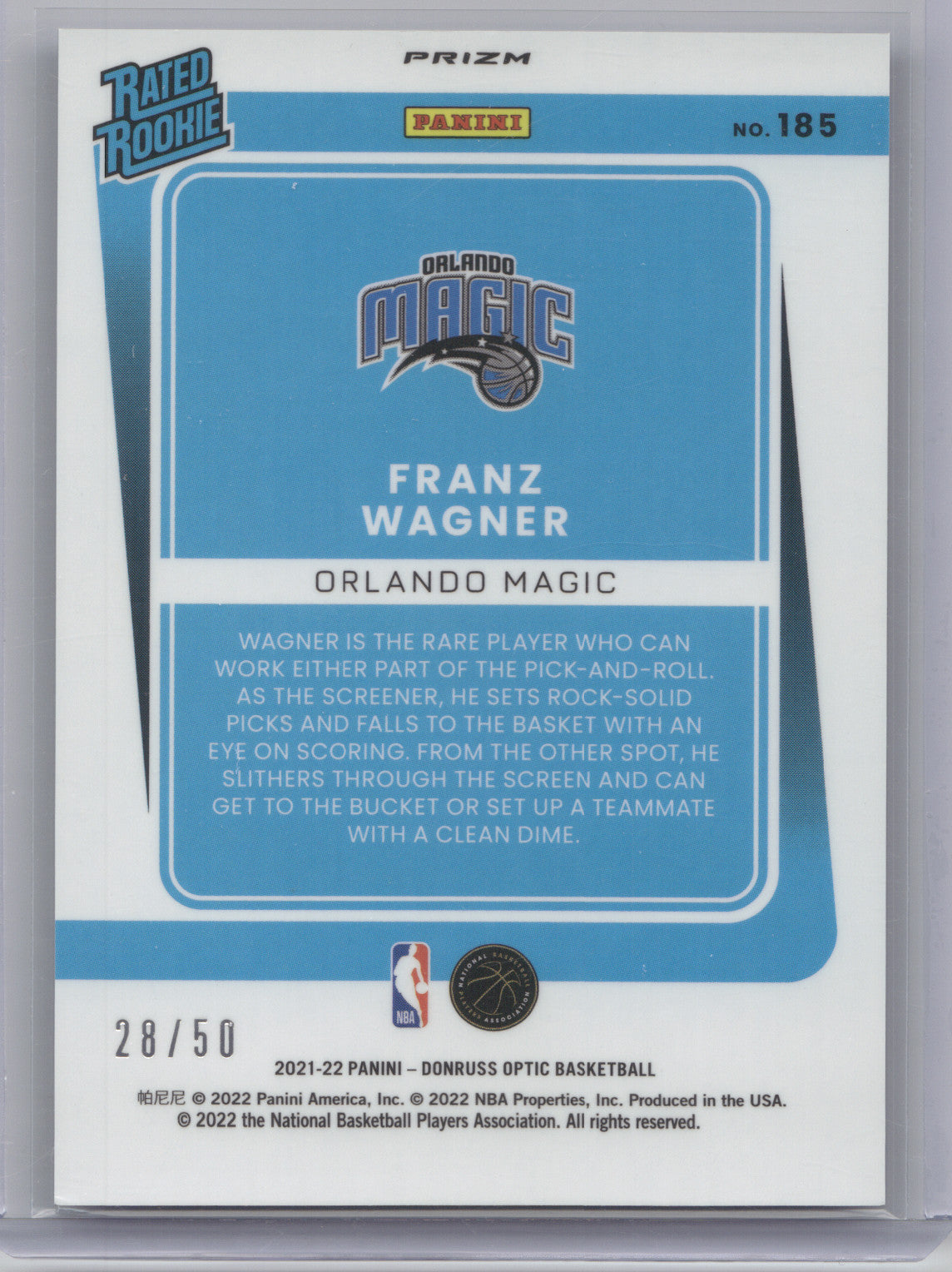2021 Donruss Optic Rated Rookie Franz Wagner #185 Fast Break Blue 28/50