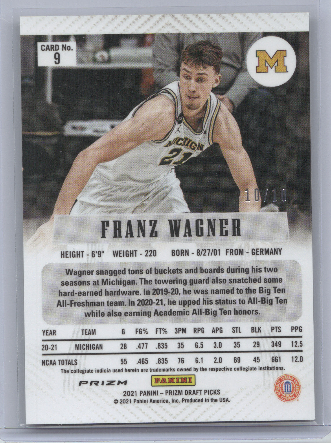 2021 Panini Prizm Draft Picks Franz Wagner #9 Gold RC 10/10
