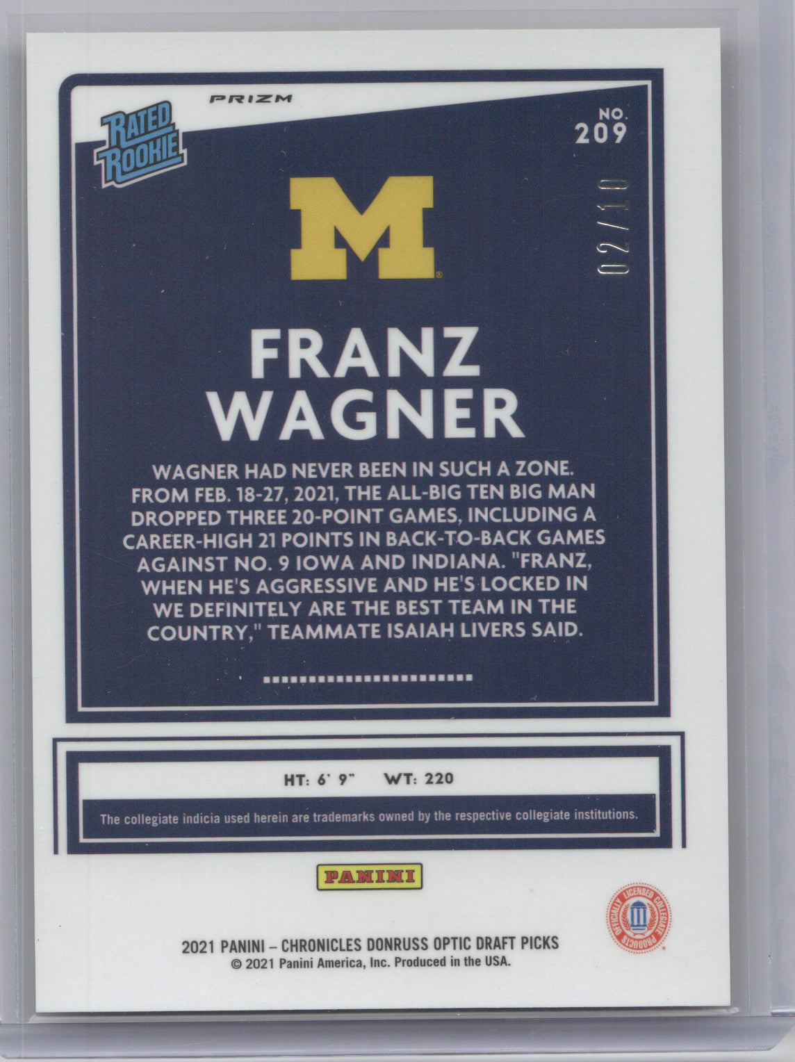 2021 Chronicles Donruss Optic Draft Picks Franz Wagner #209 Gold Prizm 02/10