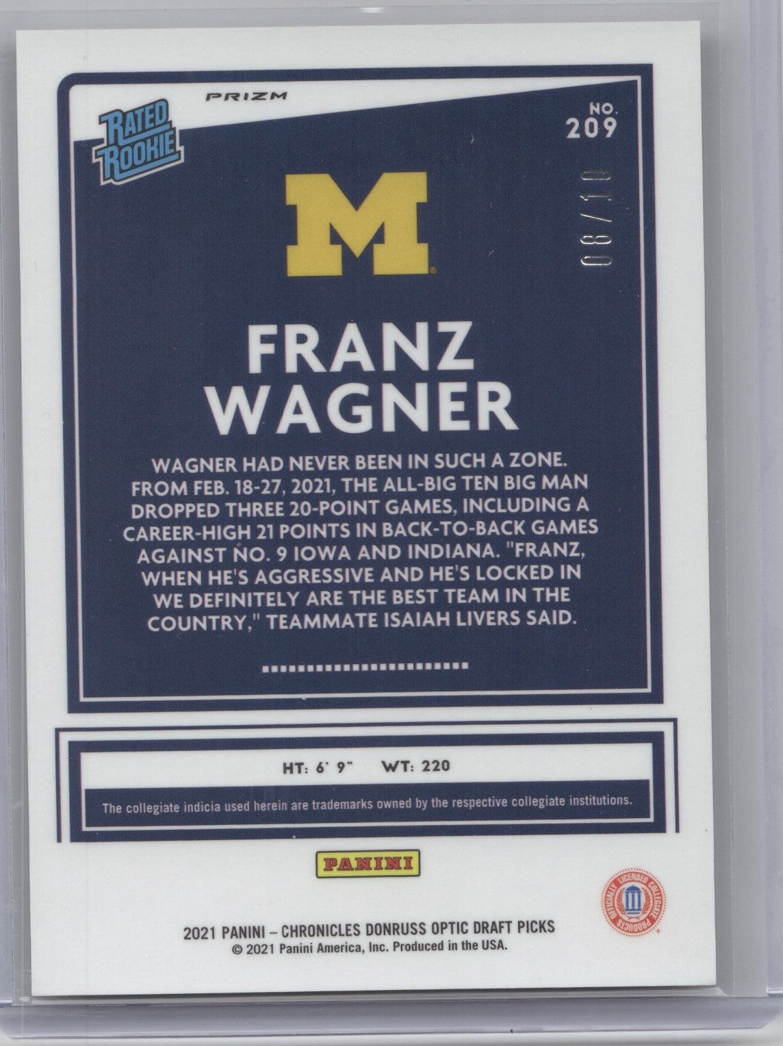 2021 Chronicles Donruss Optic Draft Picks Franz Wagner #209 Gold Prizm 08/10