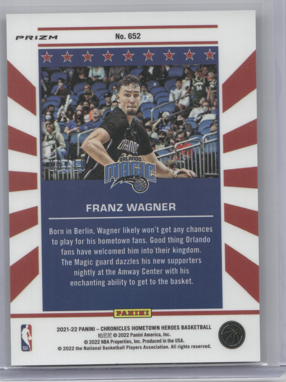 2021 Panini Chronicles Prizm Hometown Heroes Franz Wagner #652 Gold 06/10 RC