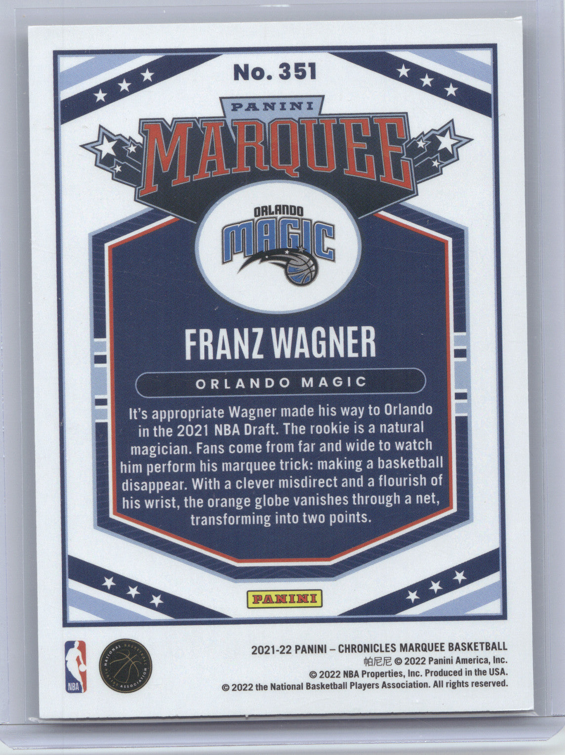 2021 Panini Chronicles Marquee Franz Wagner #351 Gold RC 04/10