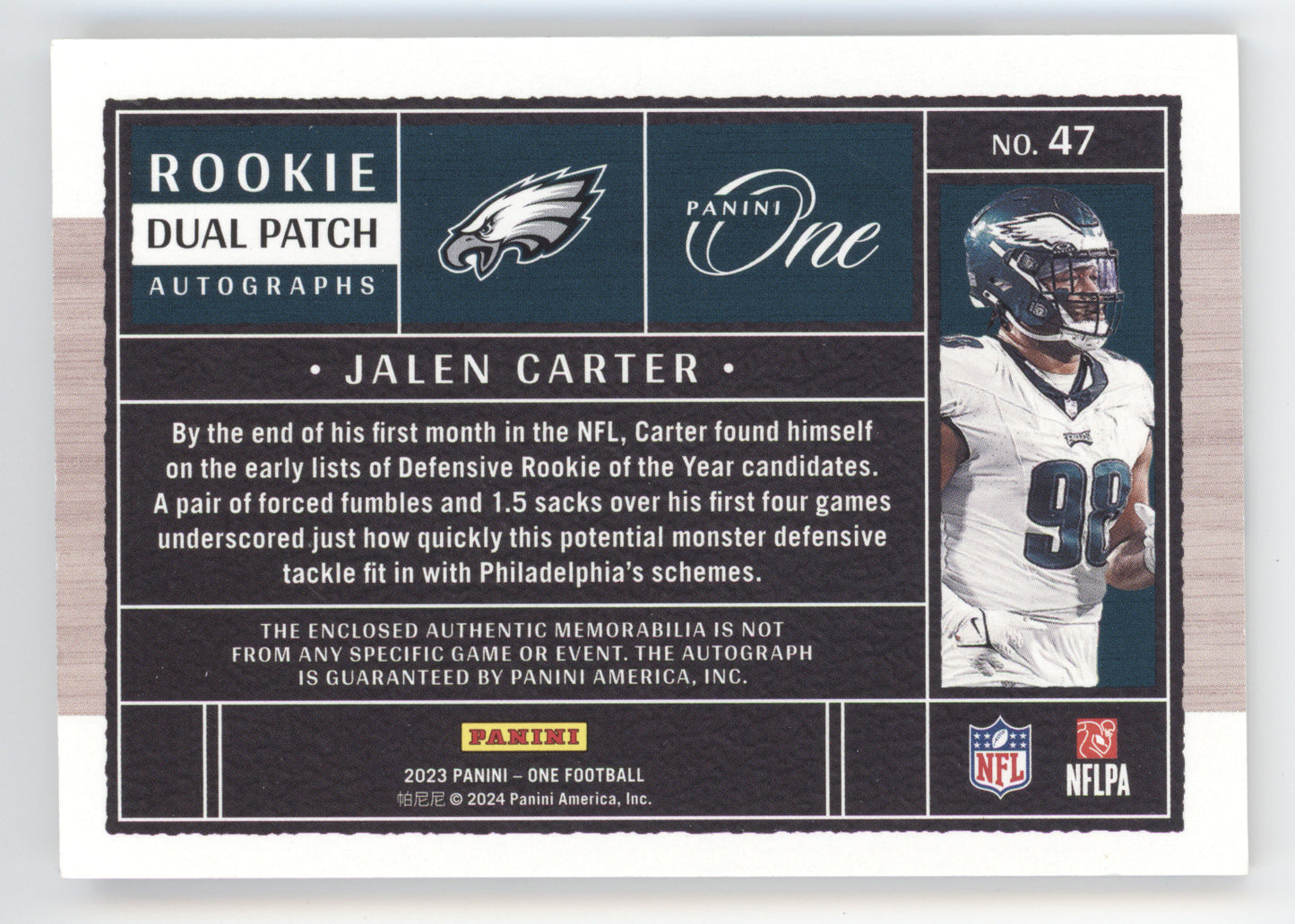 2023 Panini One Dual Patch Autograph Jalen Carter #47 Blue 07/99 RC