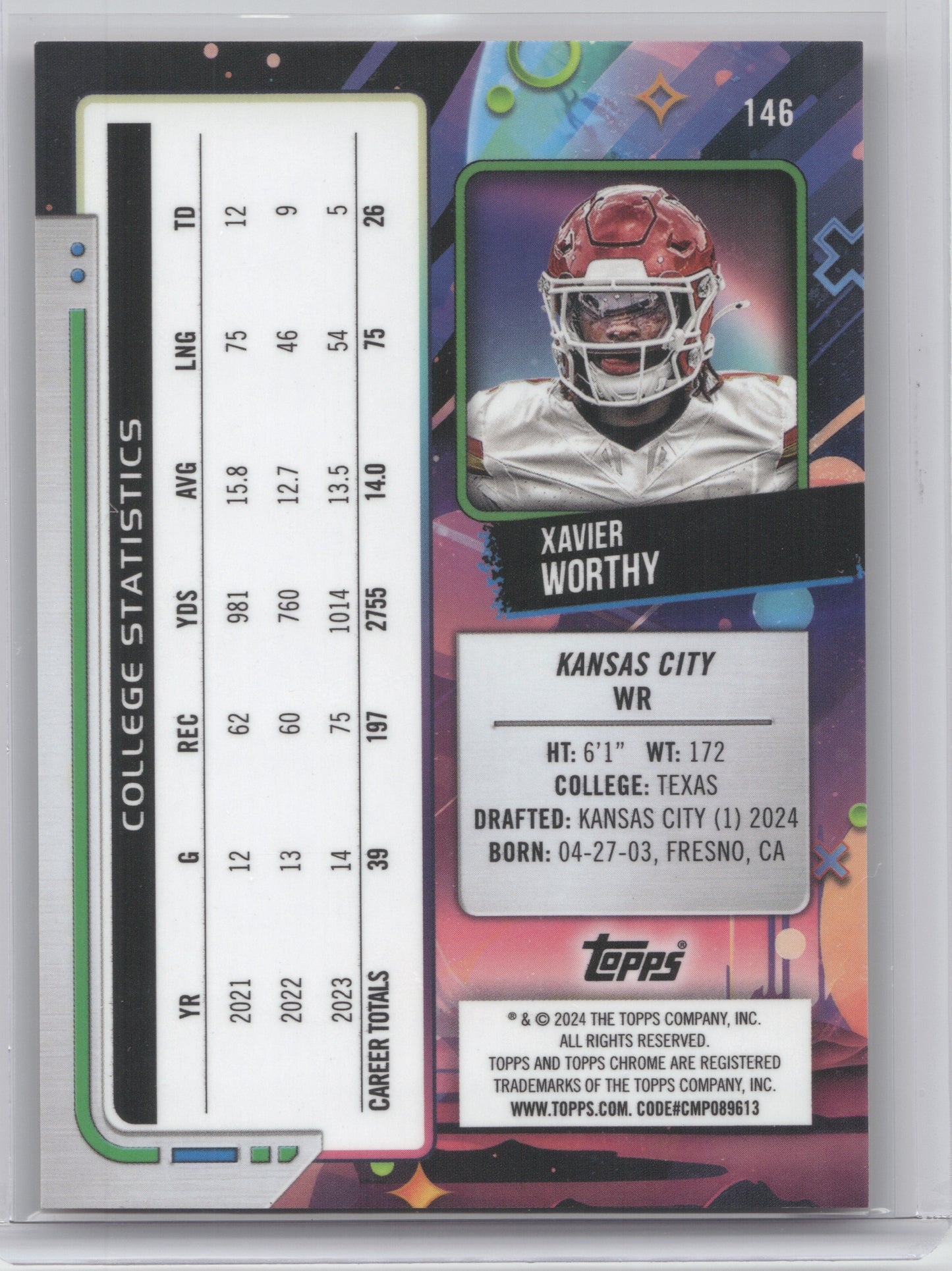 2024 Topps Cosmic Chrome Xavier Worthy #146 Orange Galactic RC 21/25