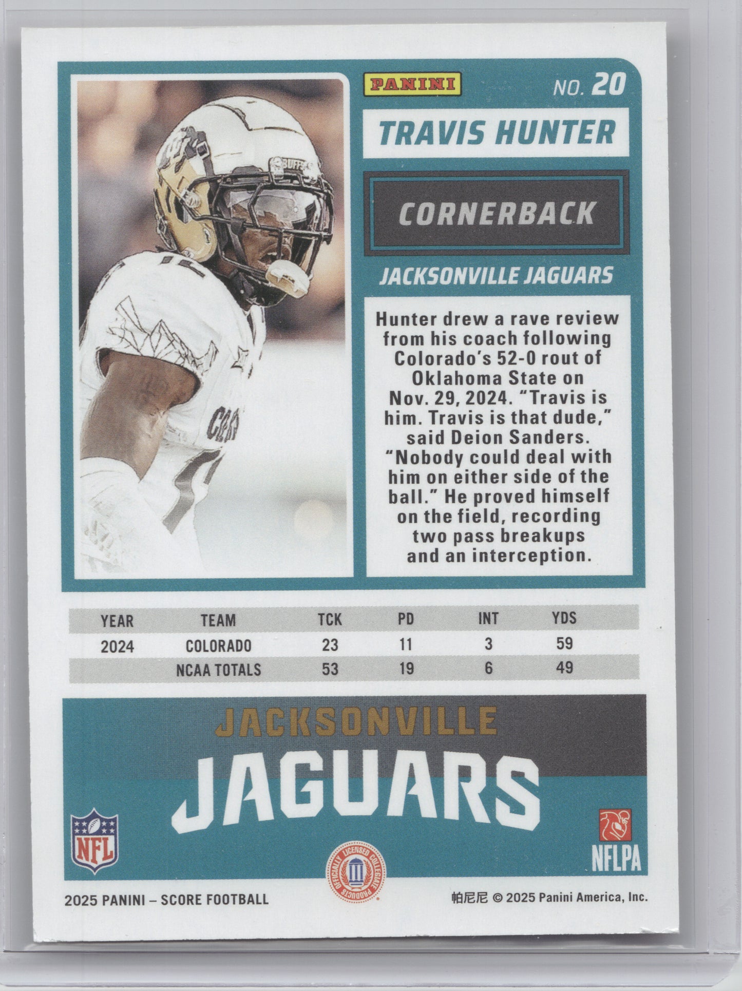 2025 Panini Score Football Travis Hunter #20 Lava RC 767/799