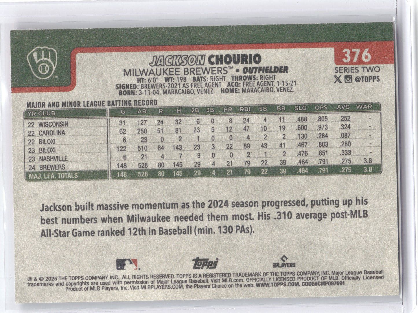2025 Topps Series Two Jackson Chourio #376 Vintage Stock 83/99