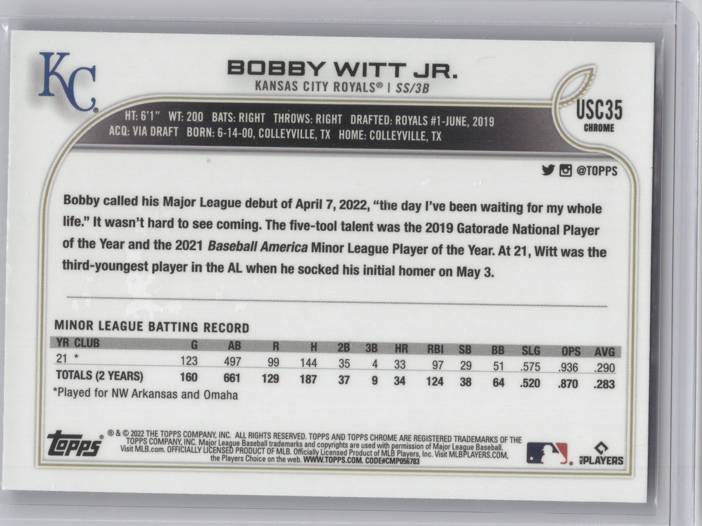 2022 Topps Chrome Update Bobby Witt Jr. #USC35 Purple Speckle RC