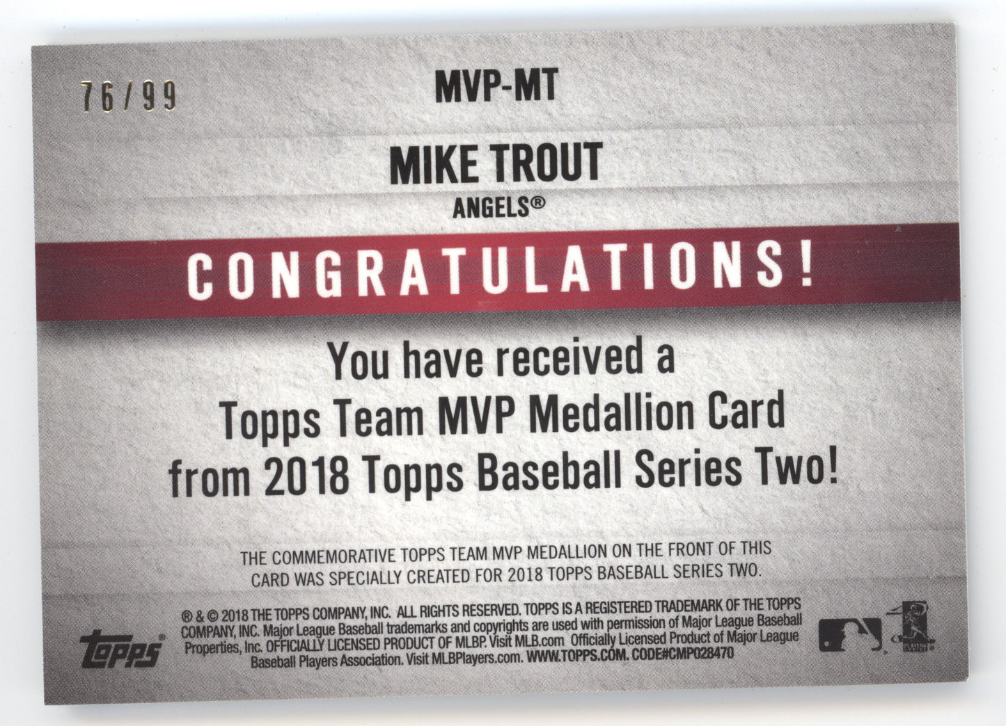 2018 Topps Baseball Series Two Team MVP Medallion Mike Trout #MVP-MT 76/99