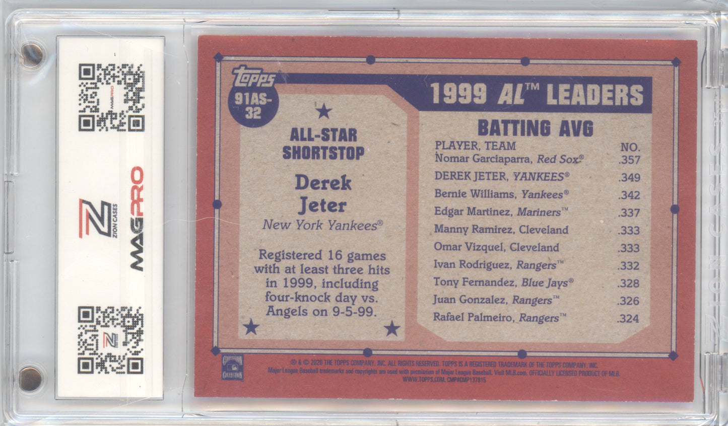 2026 Topps 1991 All-Stars Derek Jeter #91AS-32 Orange All-Star Game 01/25