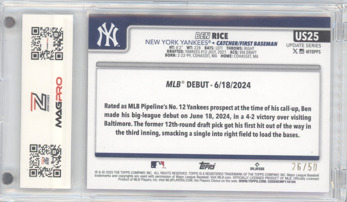 2025 Topps Update Ben Rice #US25 Mummy 26/50 RC