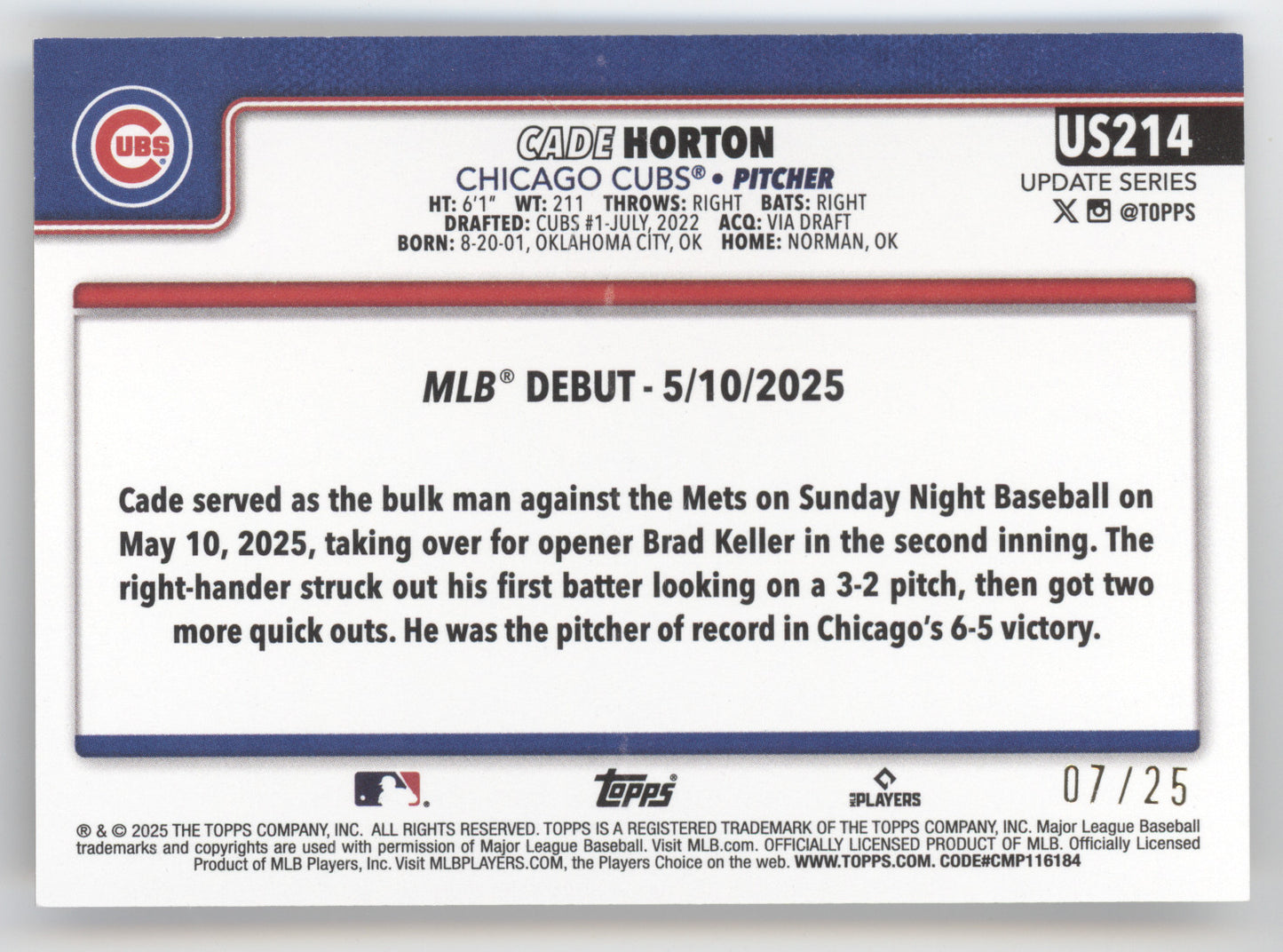 2025 Topps Update Series Cade Horton #US214 Wood 07/25 RC