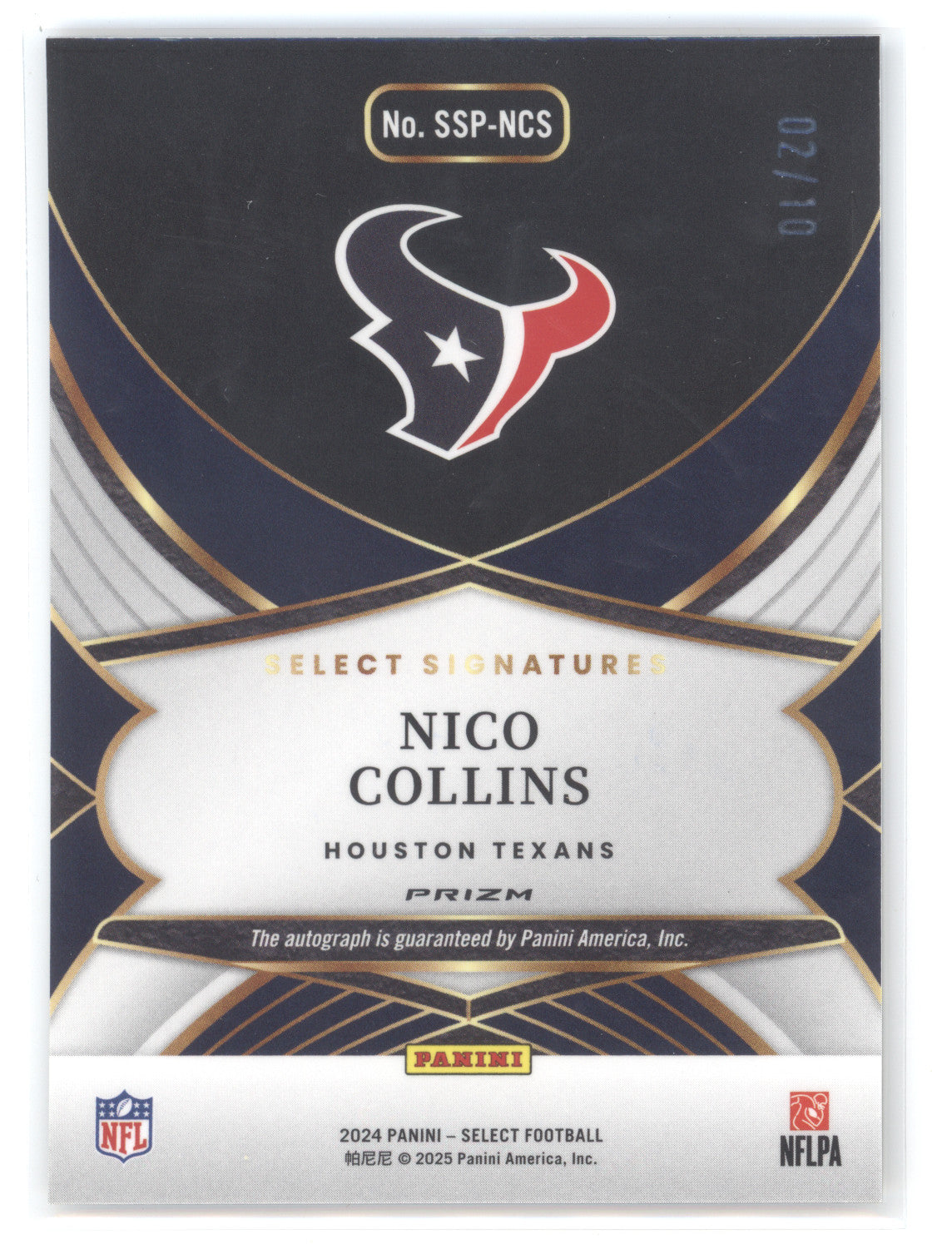 2024 Panini Select Prizm Select Signatures Nico Collins #SSP-NCS Gold 02/10